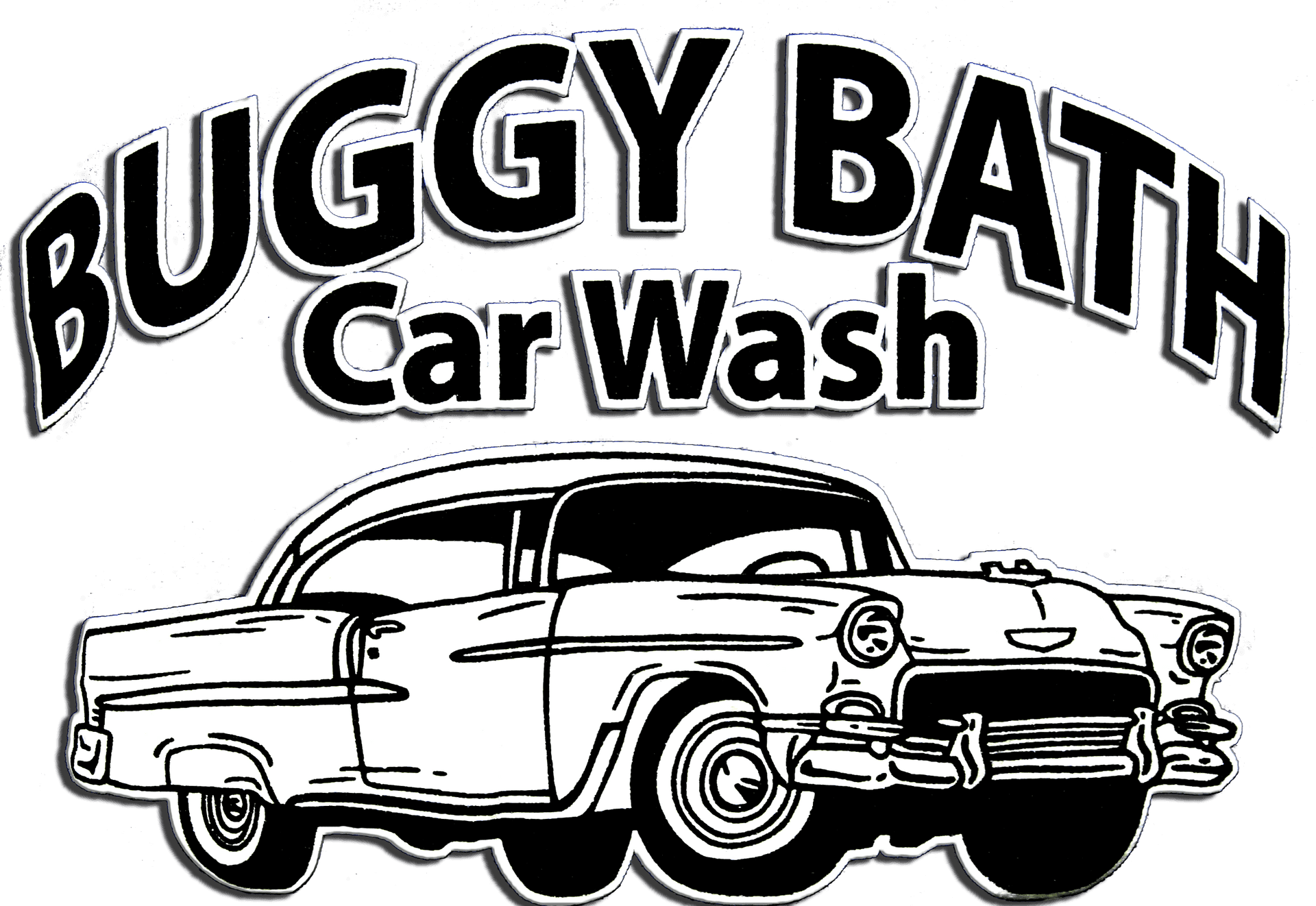 洗車 桌布 壁紙 — 大膽的黑白插圖，描繪一輛復古車在「Buggy Bath Car Wash」標誌下，帶有滴落效果的字體。