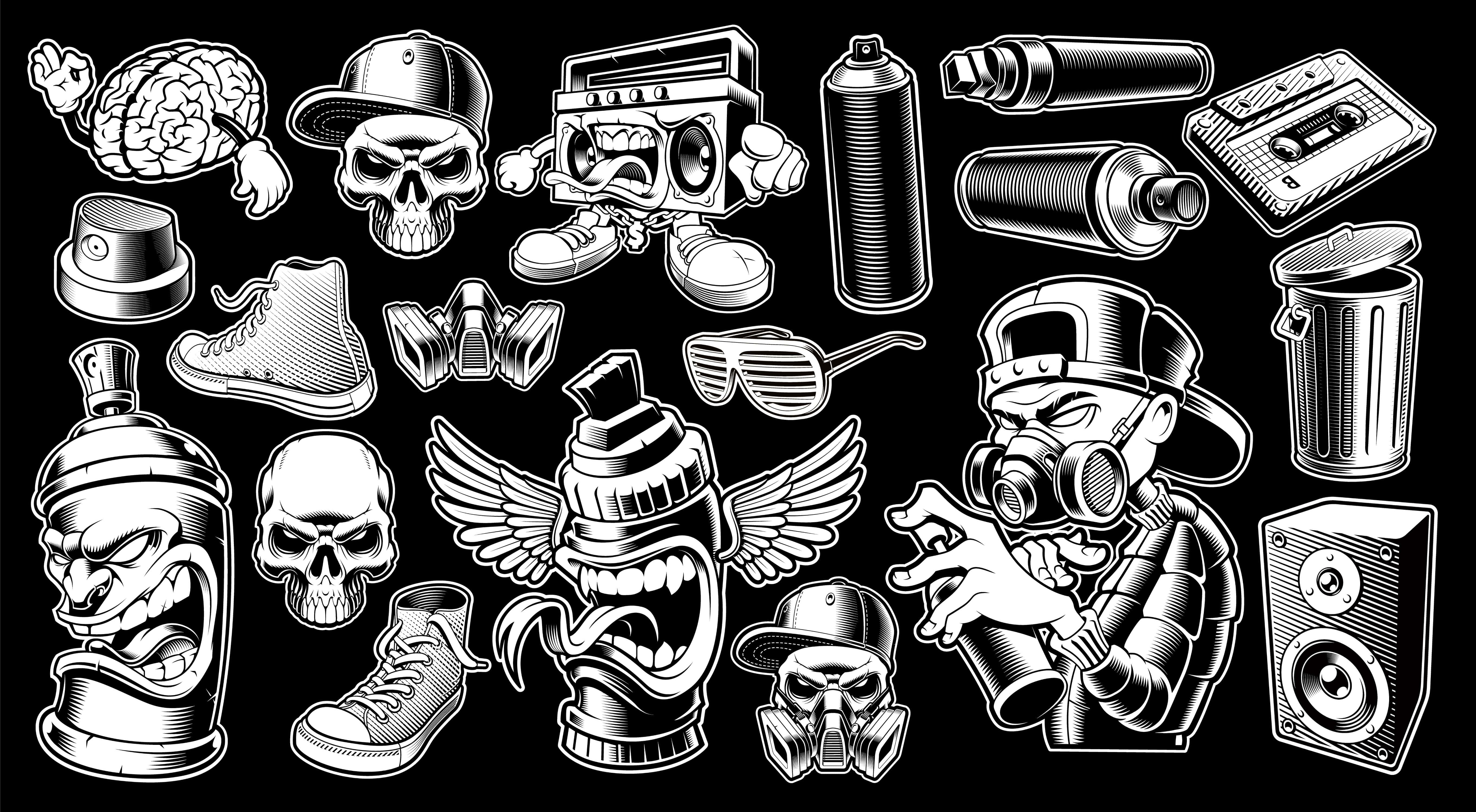 Black And White Graffiti 桌布 壁紙 — 大膽的黑白插圖，描繪塗鴉文化圖標，包括骷髏頭、噴漆罐、手提音響和運動鞋。