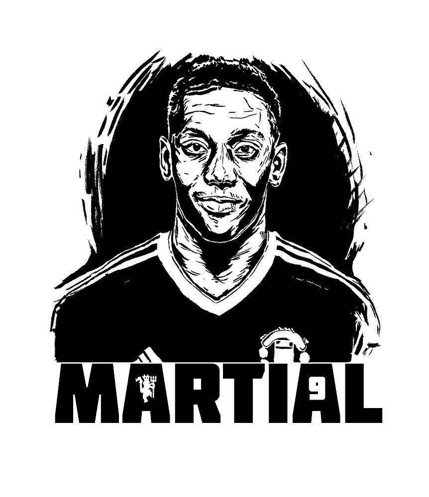 Anthony Martial 桌布 壁紙 — 大膽的黑白插圖，描繪身穿曼聯球衣的足球員安東尼·馬迪爾，下方有其名字。