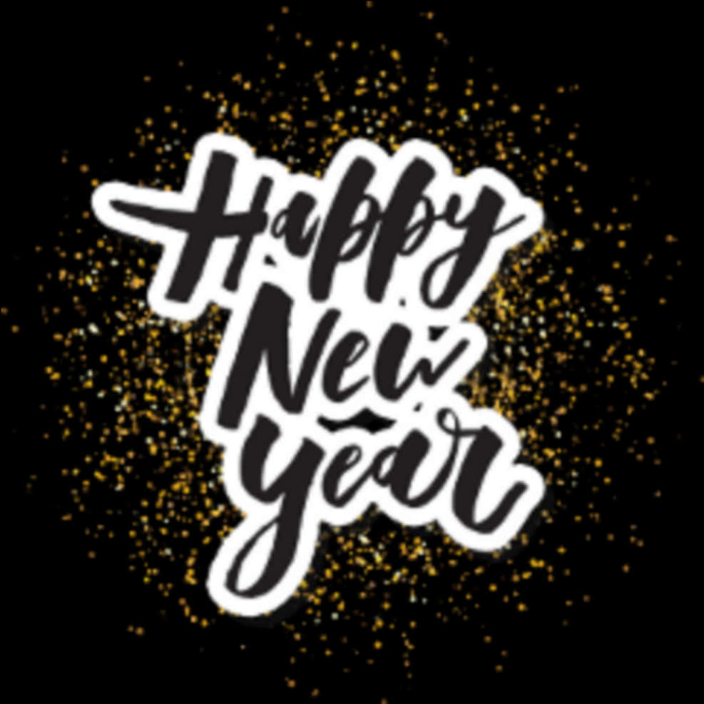 新年快樂 桌布 壁紙 — 大膽的黑白書法文字在黑色背景上寫著「Happy New Year」，並帶有金色閃粉顆粒。