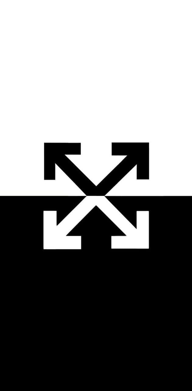 Off White iPhone 桌布 壁紙 — 大膽的黑白標誌，帶有四個向外指的箭頭，背景為分割設計。