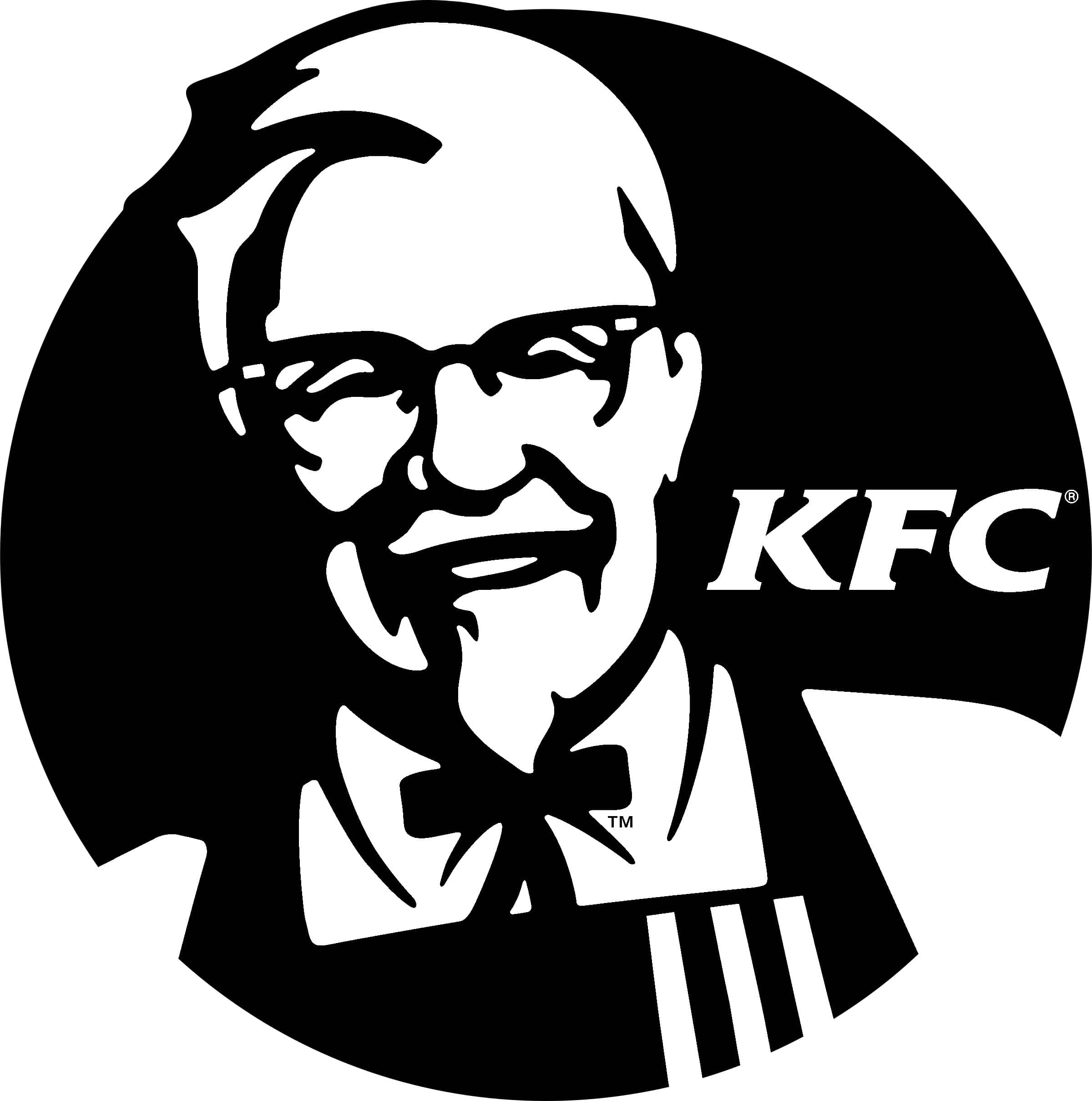 Black And White Logo 桌布 壁紙 — 大膽的黑白標誌，桑德斯上校戴著眼鏡和領結微笑，旁邊有KFC文字。