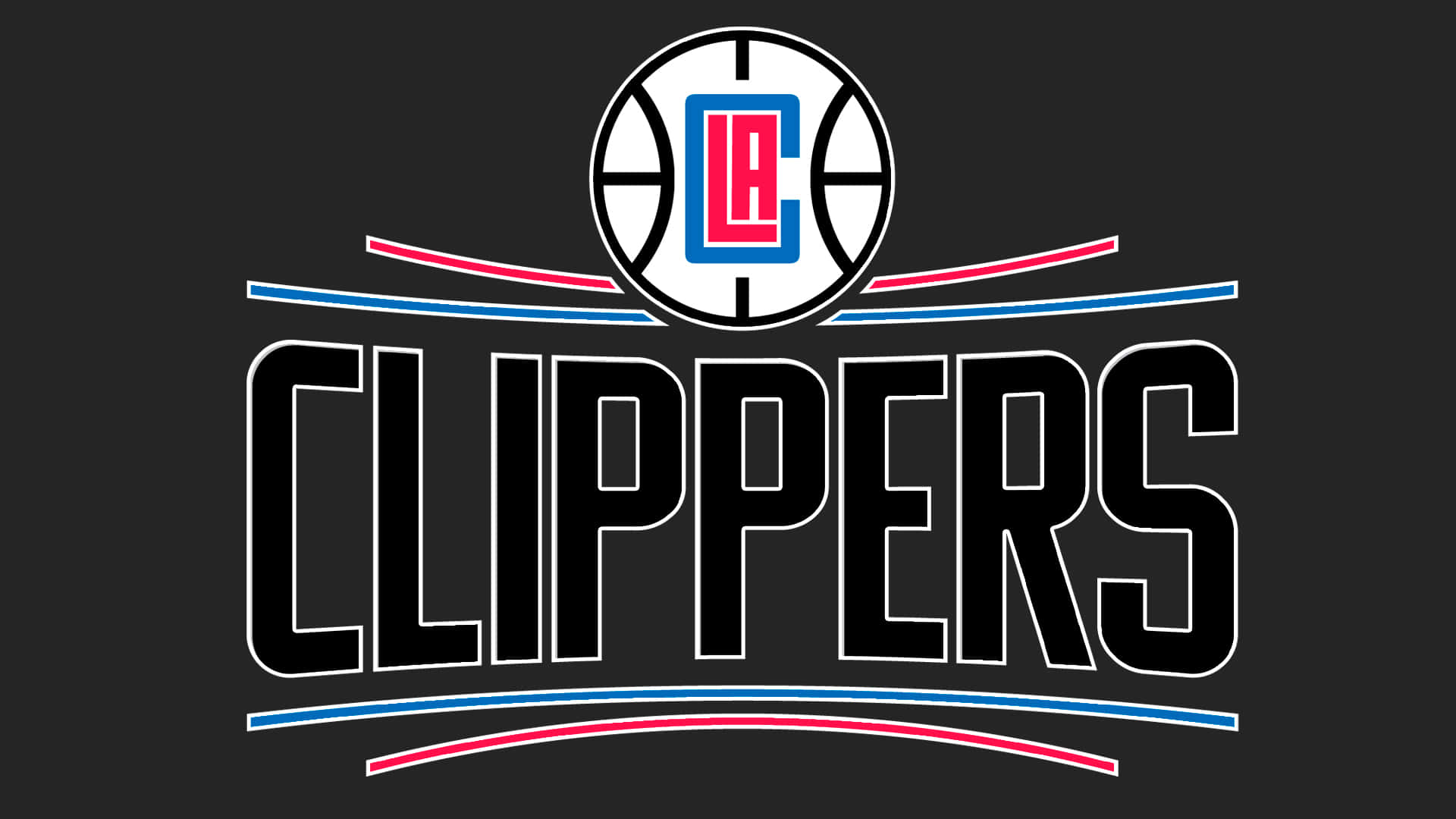 NBA 桌布 壁紙 — 大膽的黑白紅藍 LA Clippers 標誌，帶有籃球徽章和風格化文字，置於深色背景上。