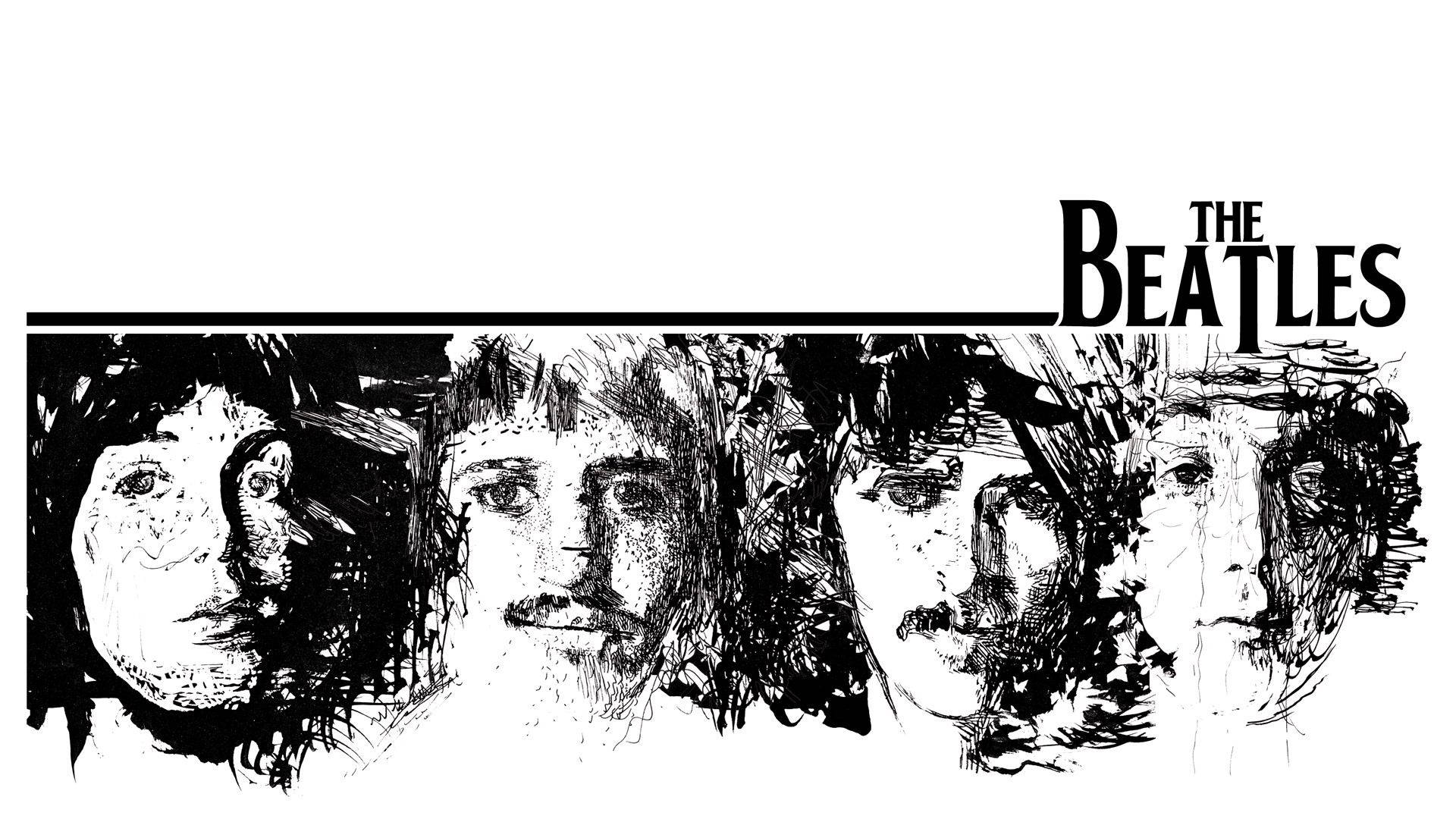 the beatles 桌布 壁紙 — 大膽的黑白素描，描繪披頭四的四張臉孔，帶有表現力十足的筆觸和標誌性的樂隊名稱字體。