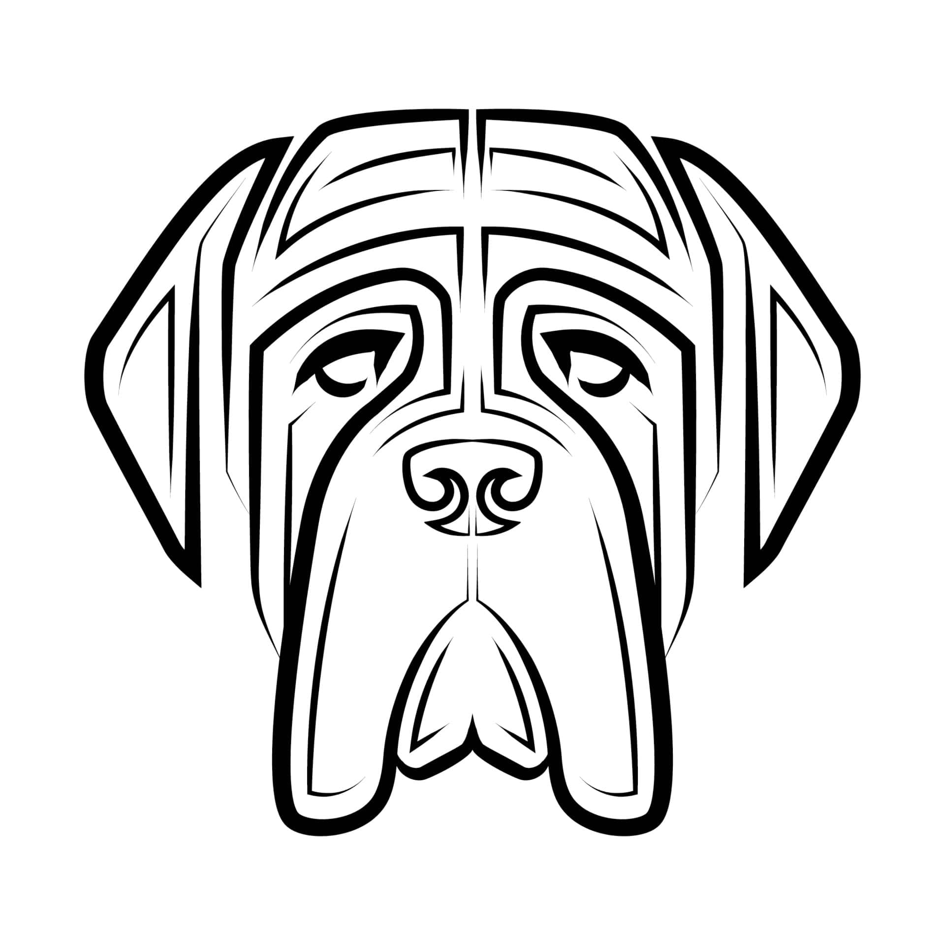 English Mastiff 桌布 壁紙 — 大膽的黑白線條藝術，呈現狗臉，帶有幾何圖案和風格化特徵。