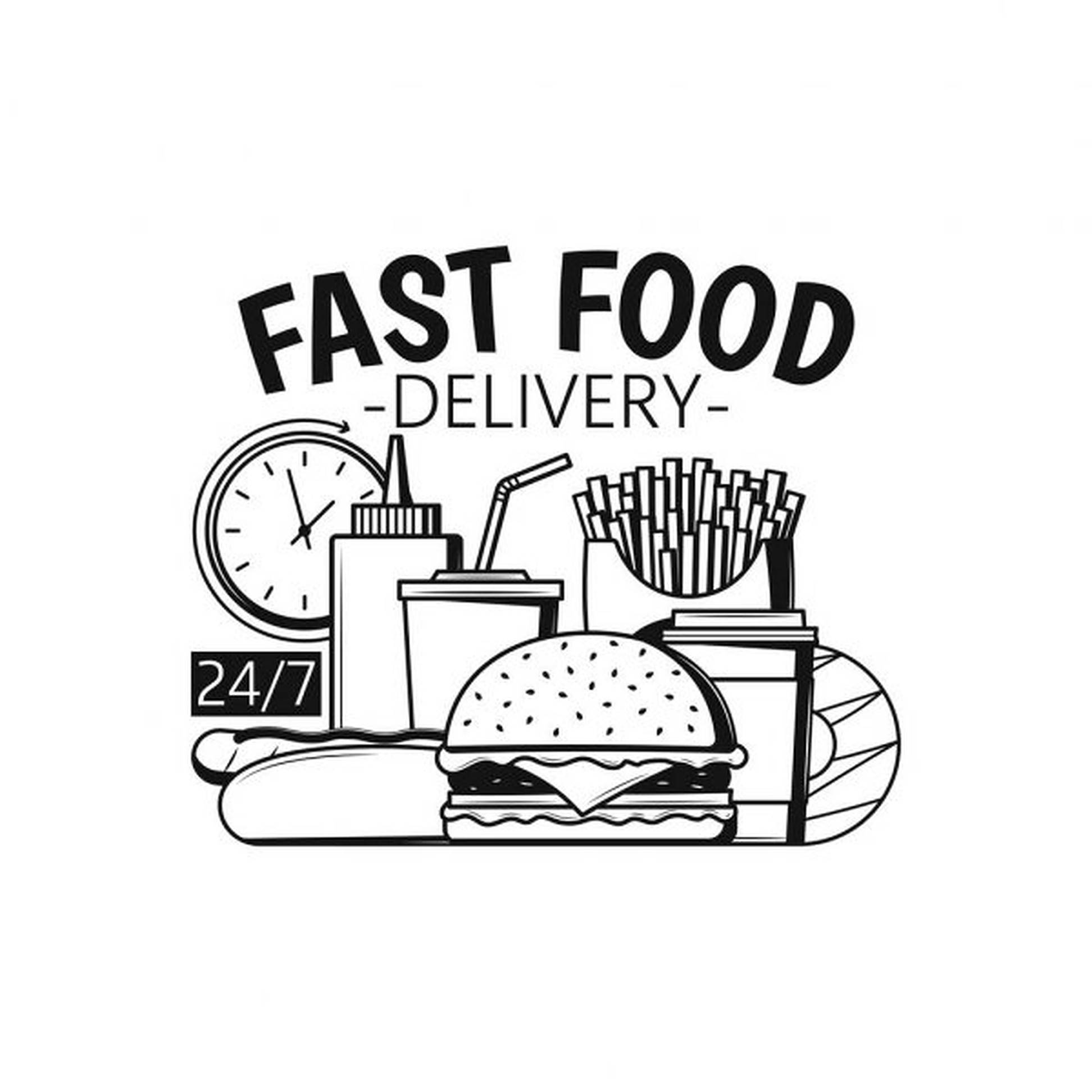 Delivery 桌布 壁紙 — 大膽的黑白線條藝術標誌，適用於快餐配送，特色包括漢堡、薯條、飲料和帶有247文字的時鐘。