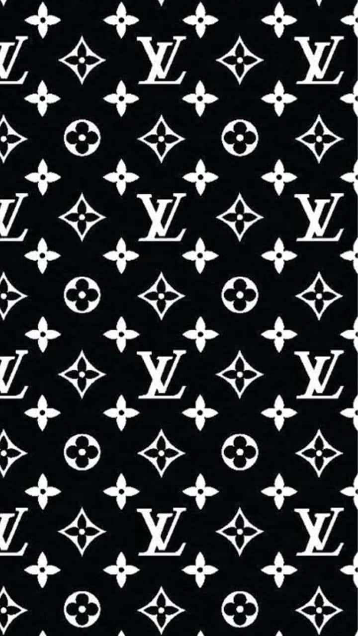 Louis Vuitton Pattern 桌布 壁紙 — 大膽的黑白重複圖案，包含 Louis Vuitton 字母組合標誌和花卉圖案。