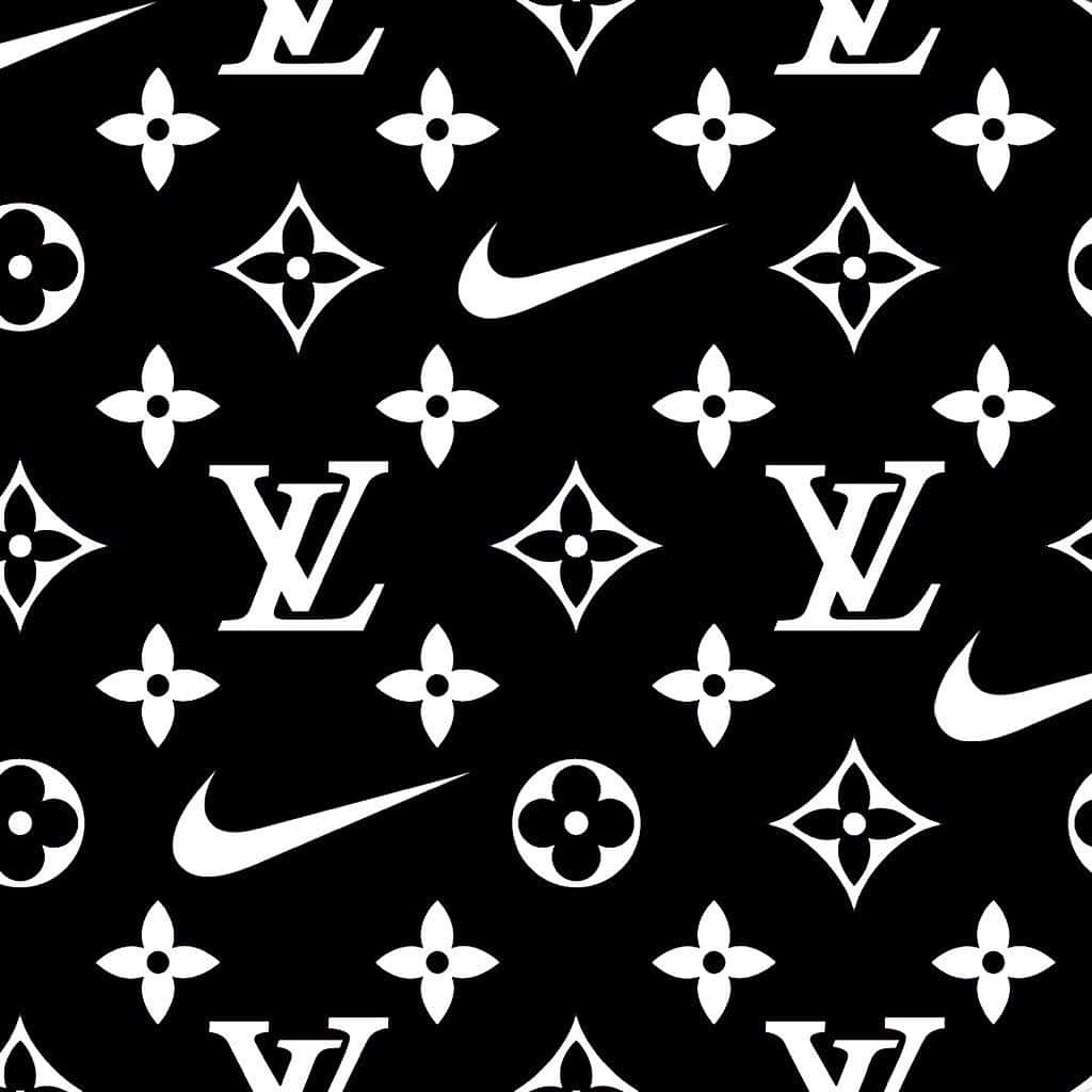 Louis Vuitton Pattern 桌布 壁紙 — 大膽的黑白重複圖案，帶有 Louis Vuitton 字母組合和 Nike 勾勾標誌。