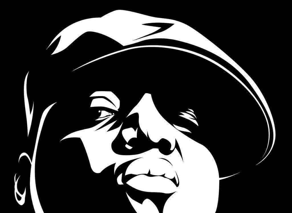 Biggie Smalls 桌布 壁紙 — 大膽的黑白風格化肖像，人物戴帽，線條銳利分明。