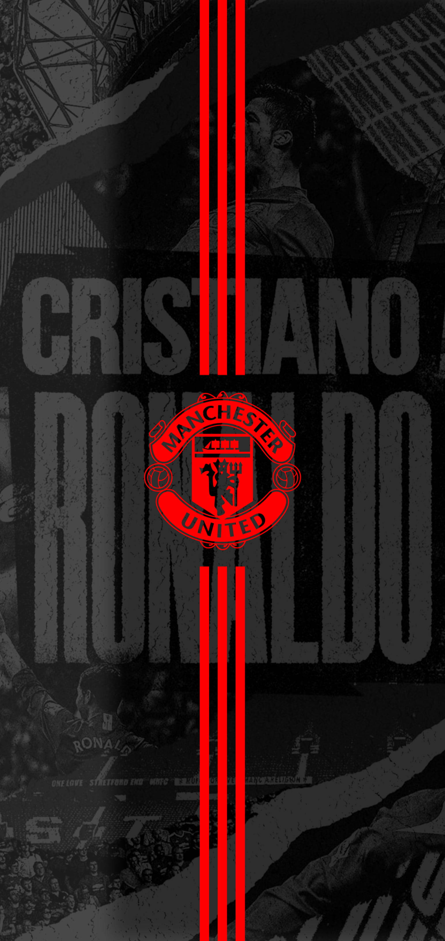 Ronaldo 桌布 壁紙 — 大膽的黑紅壁紙， featuring 克里斯蒂亞諾·羅納度與曼聯隊徽，配以垂直條紋。
