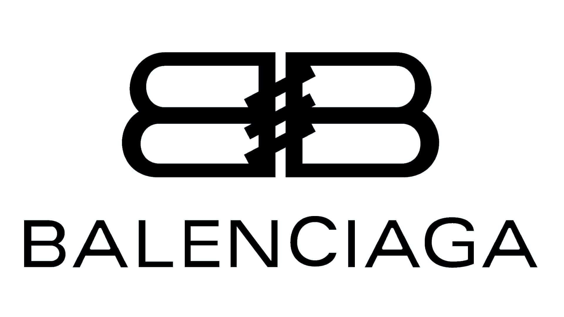 巴黎世家 桌布 壁紙 — 大膽的黑色 Balenciaga 標誌，帶有交織的 B 和品牌名稱，在純白背景上。