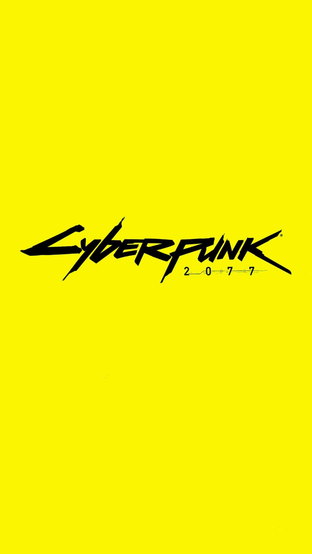 電馭叛客2077 桌布 壁紙 — 大膽的黑色 Cyberpunk 2077 標誌居中在鮮豔的黃色背景上。