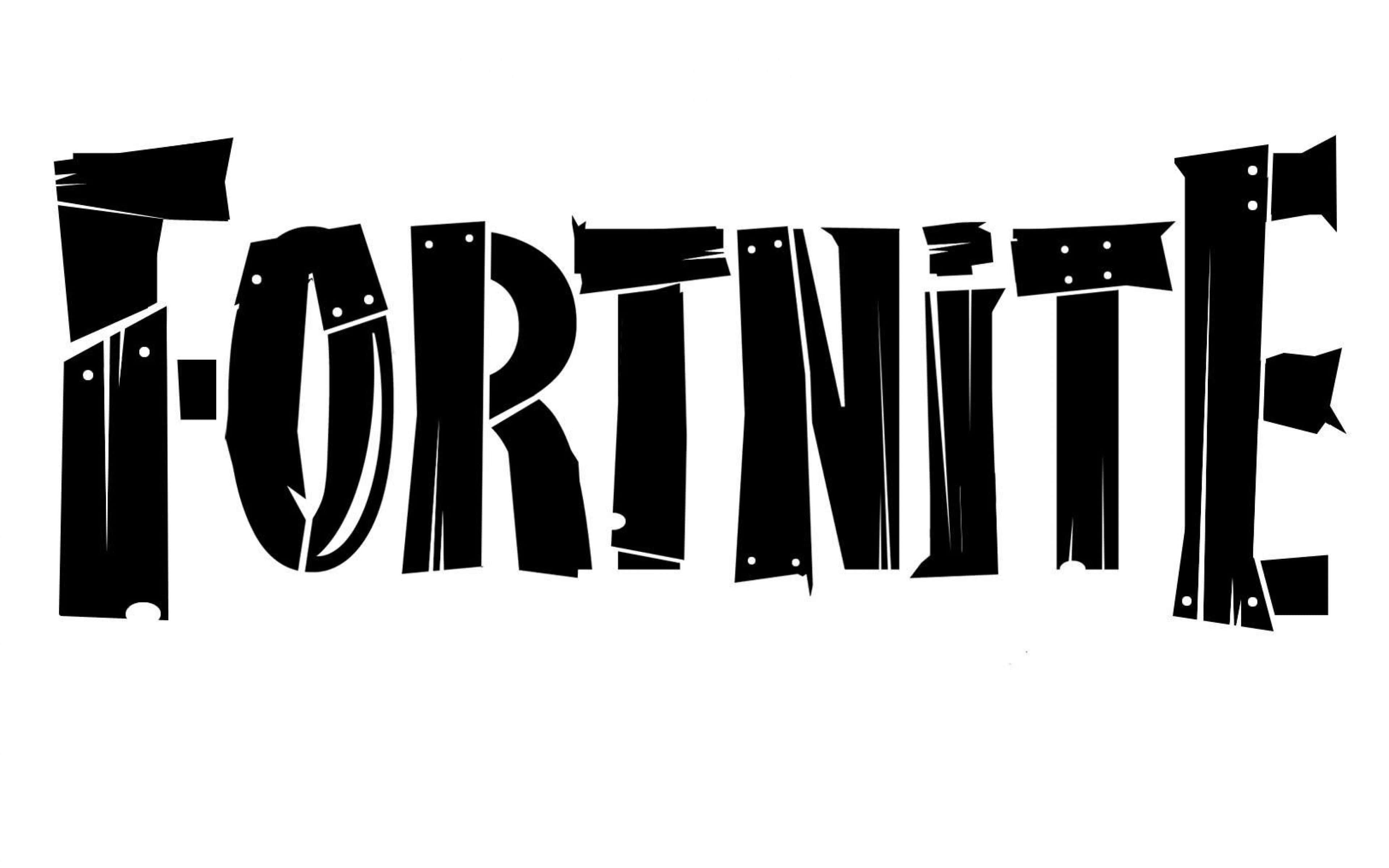 桌布 壁紙 — 大膽的黑色 Fortnite 標誌，帶有鋸齒狀撕裂邊緣和鉚釘，置於純白背景上。