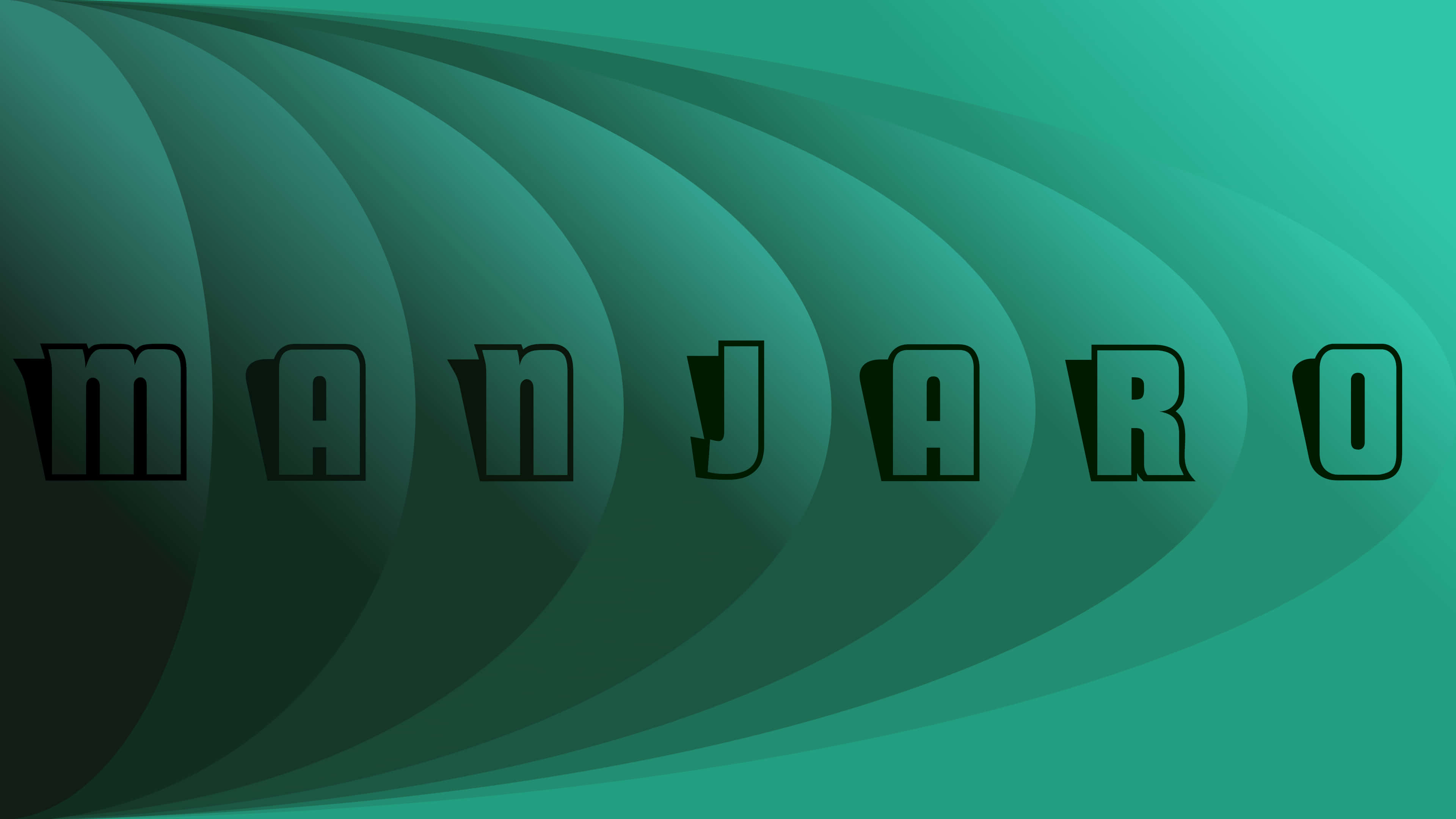 Manjaro 桌布 壁紙 — 大膽的黑色「manjaro」文字漂浮在流動的藍綠色和深綠色彎曲波浪上，呈現出時尚的數位設計。
