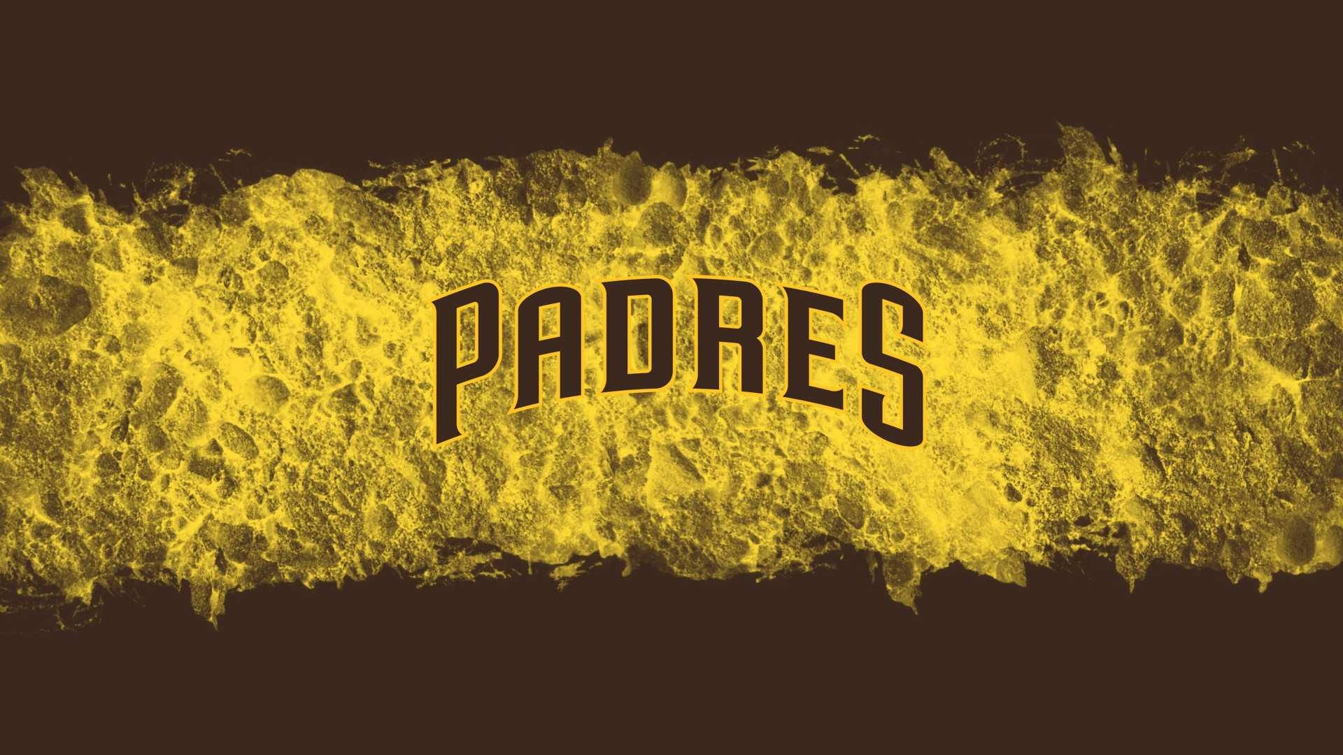 Padres 桌布 壁紙 — 大膽的黑色「PADRES」文字從深棕色背景上的紋理黃色潑濺中浮現。