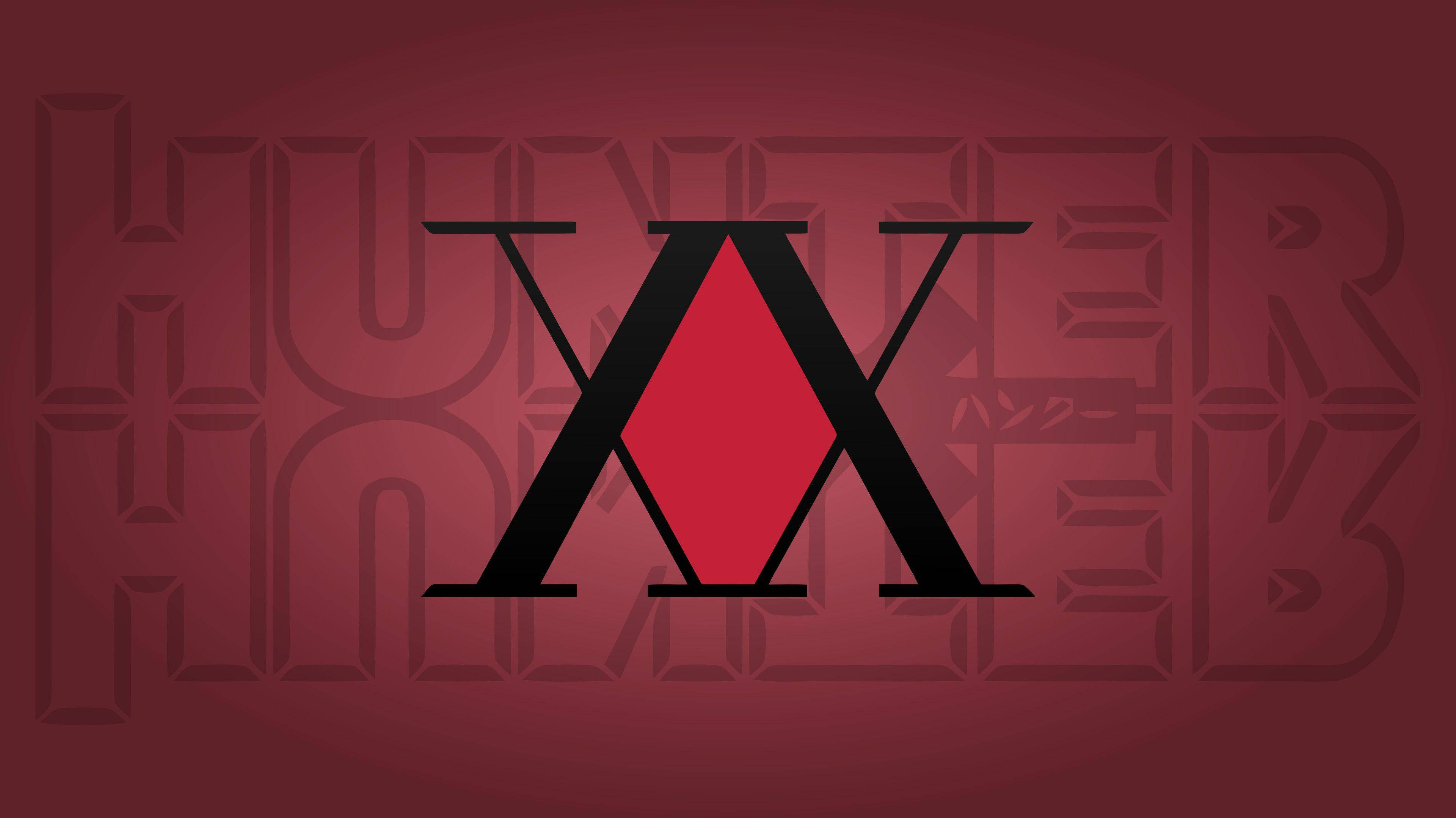 獵人 x 獵人 桌布 壁紙 — 大膽的黑色「X」中央有紅色菱形，主導深紅色背景，帶有模糊的「HUNTER X HUNTER」文字圖案。