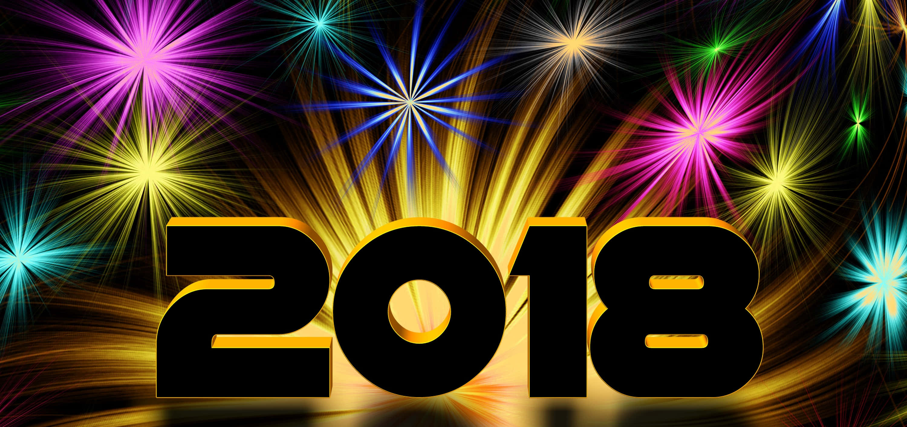 2018 桌布 壁紙 — 大膽的黑色2018文字在充滿彩色星爆煙火的黑色背景上閃耀著金色邊緣。