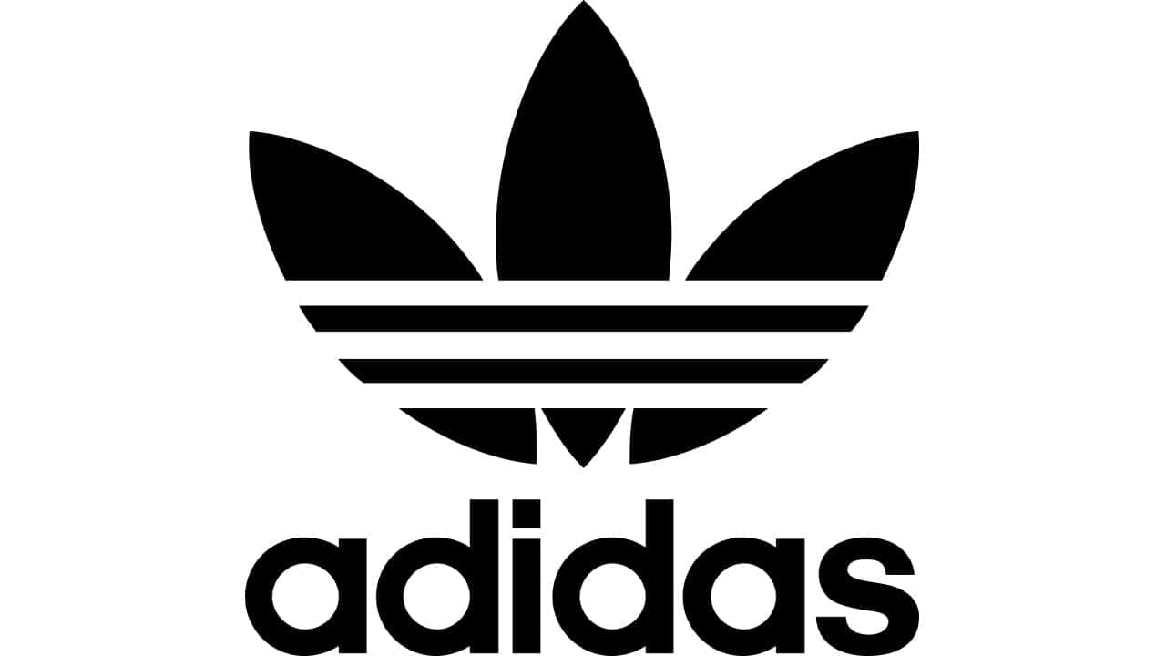 品牌 桌布 壁紙 — 大膽的黑色Adidas標誌，帶有三葉草和三條紋，在純白色背景上。