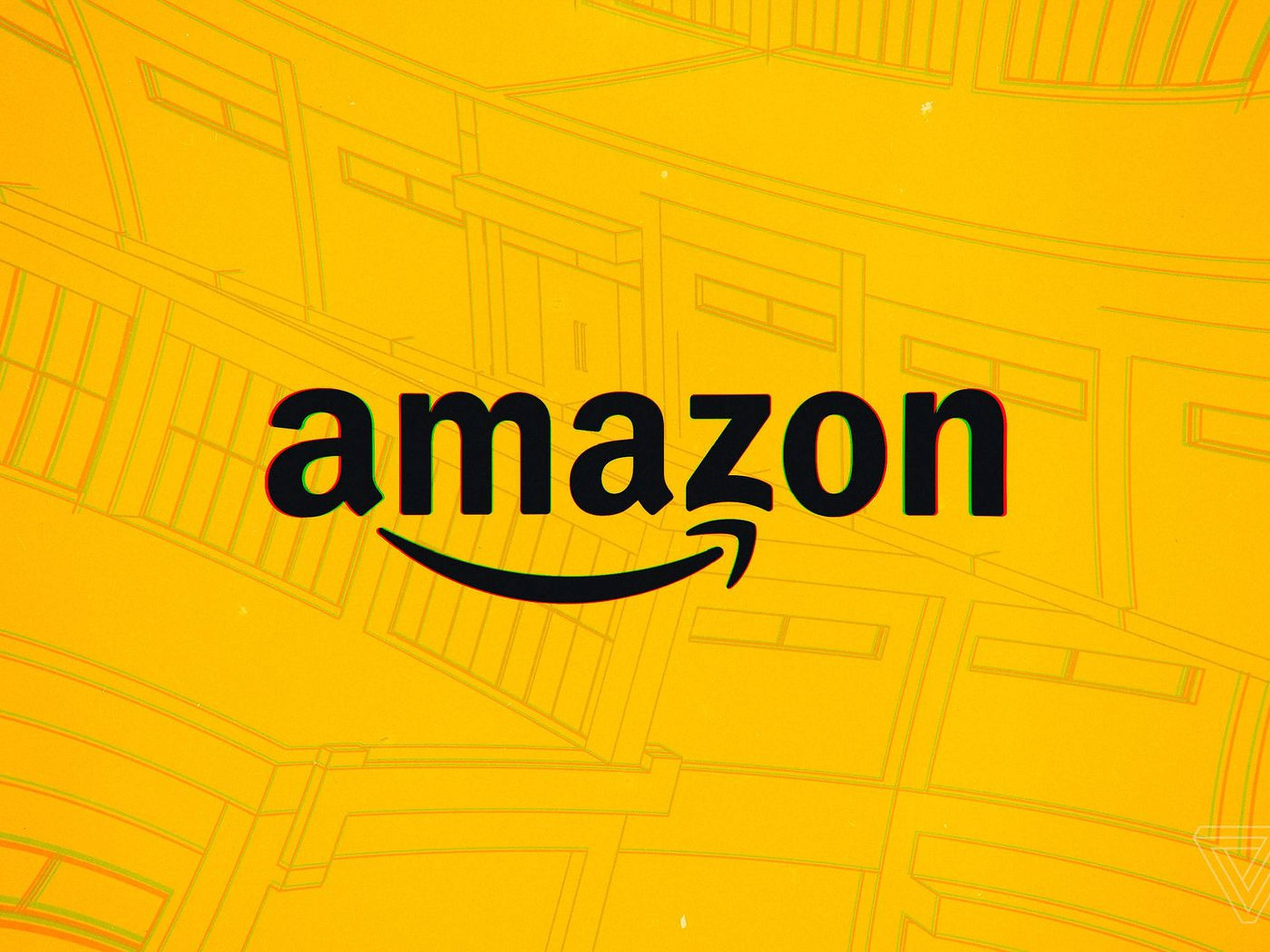 亞馬遜 桌布 壁紙 — 大膽的黑色Amazon標誌居中在鮮黃色背景上，帶有微弱的建築線條藝術。