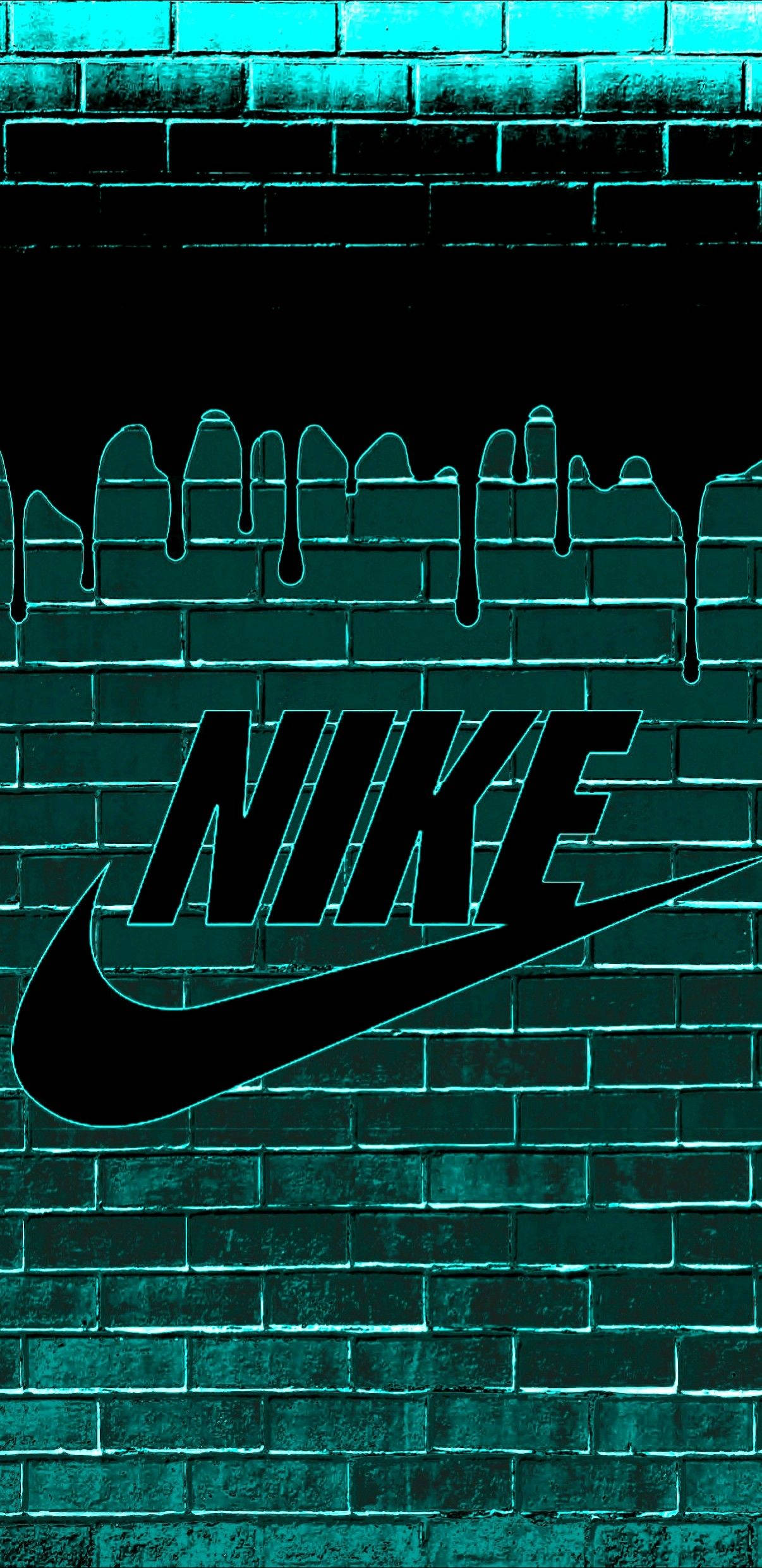 Nike 桌布 壁紙 — 大膽的黑色Nike標誌沿著帶有粗糙都市質感的青綠色磚牆滴落。