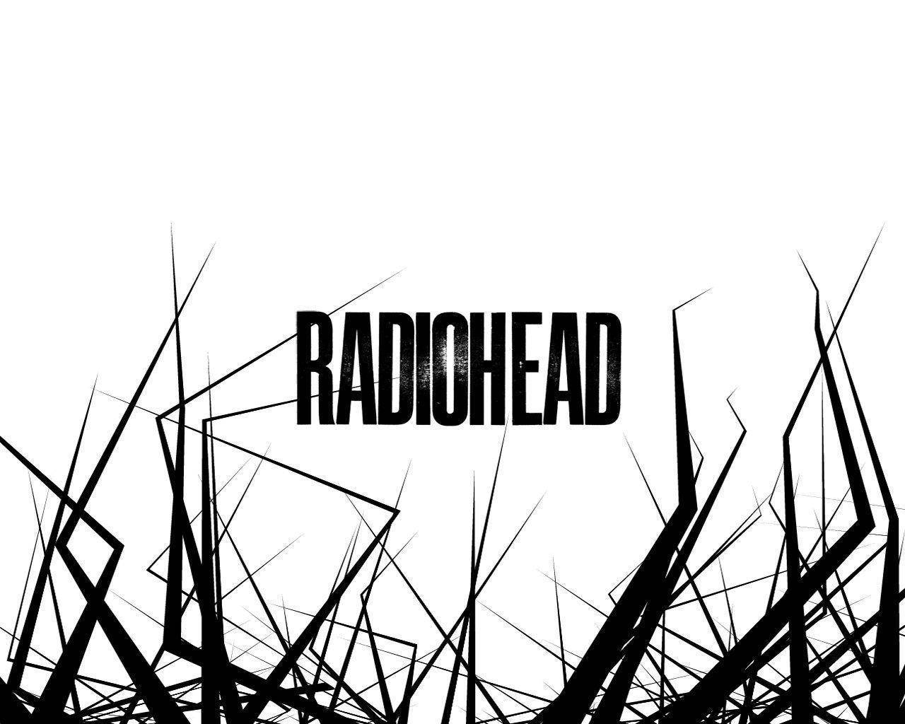 band 桌布 壁紙 — 大膽的黑色RADIOHEAD文字從混亂的抽象黑色線條中浮現，背景為純白色。