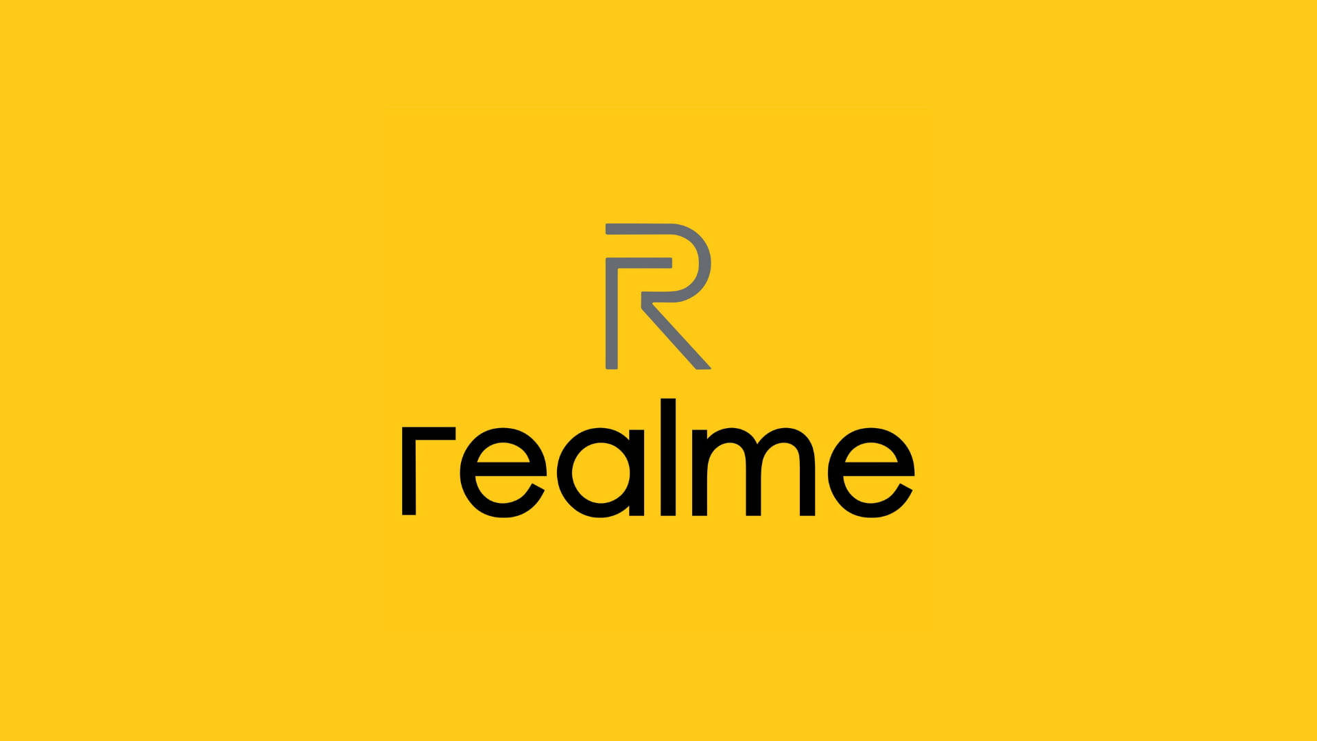 標誌 桌布 壁紙 — 大膽的黑色realme標誌，在鮮豔的黃色背景上帶有風格化的R。