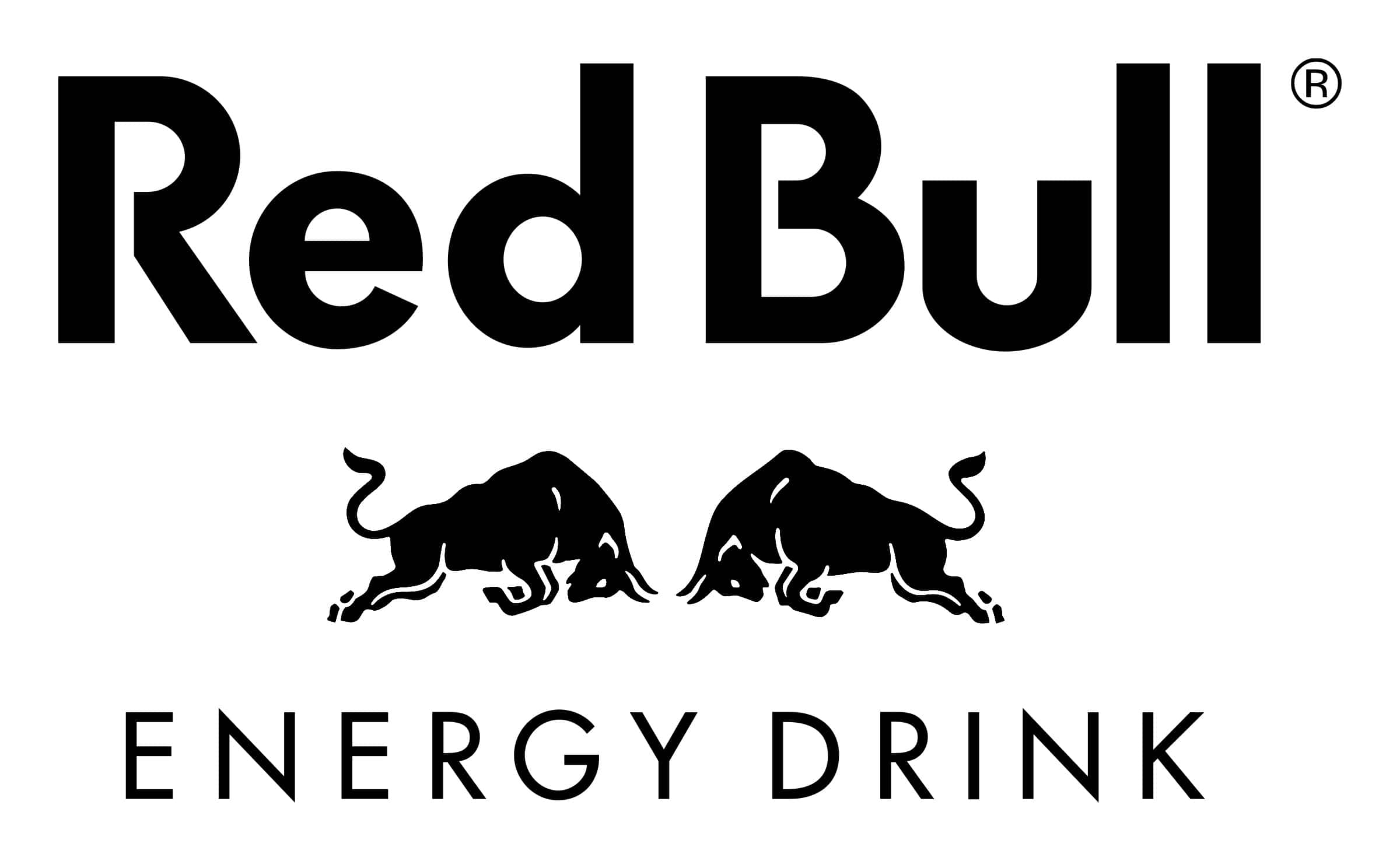 Black And White Logo 桌布 壁紙 — 大膽的黑色Red Bull標誌，兩頭衝鋒的公牛和文字，背景為純白色。