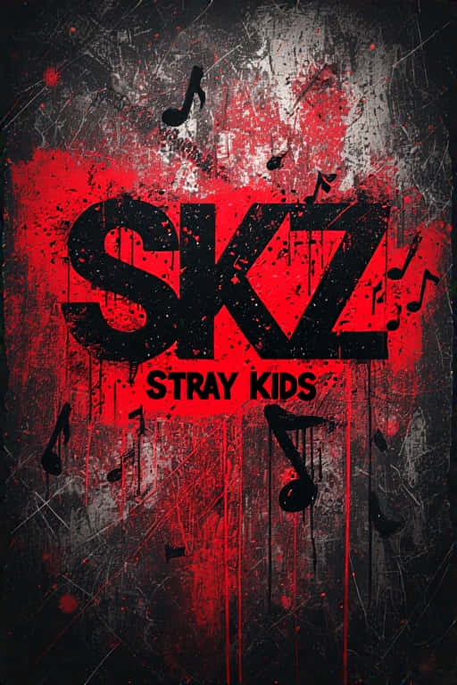 Stray Kids-Inspired Graffiti Wallpaper with Urban Textures and SKZ Lettering 壁紙 — 大膽的黑色SKZ字母在帶有音樂符號的粗糙紋理背景上滴落紅色油漆。