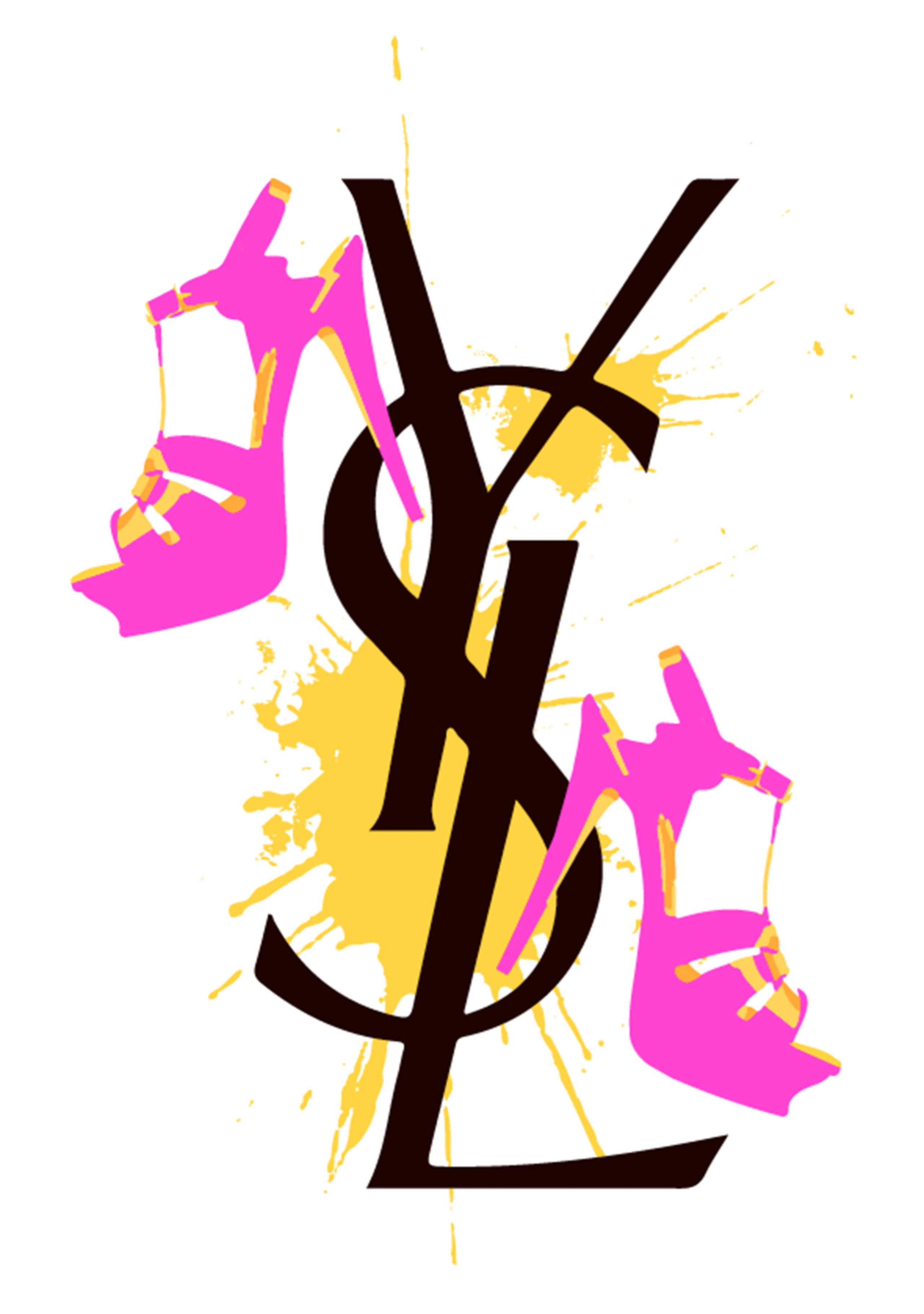 Ysl 桌布 壁紙 — 大膽的黑色YSL標誌濺上黃色油漆，兩側是粉紅色高跟鞋，充滿活力的圖形設計。