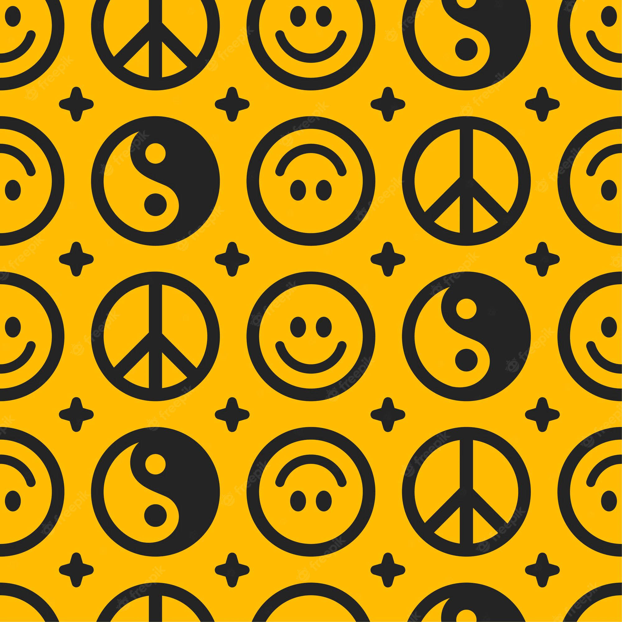 Peace Symbol 桌布 壁紙 — 大膽的黑色和平、笑臉、陰陽和加號符號在充滿活力的黃色背景上重複。