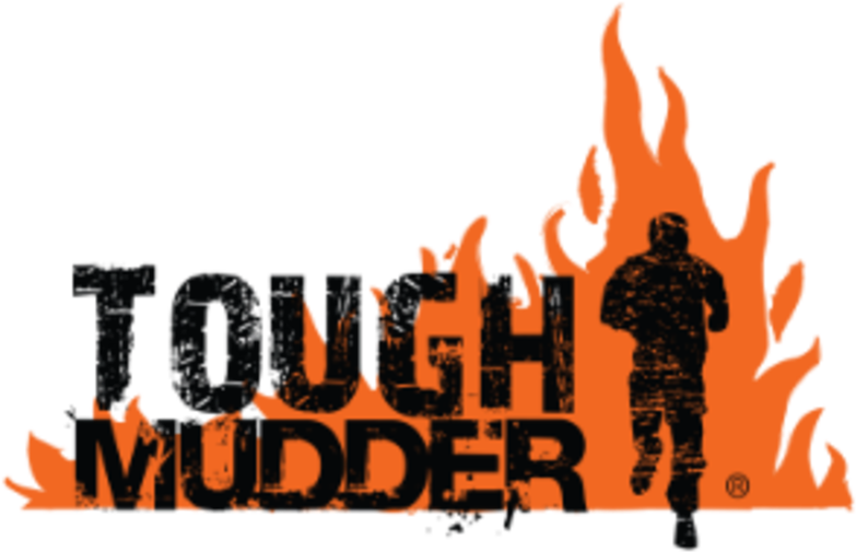 愛爾蘭 桌布 壁紙 — 大膽的黑色和橙色Tough Mudder標誌，帶有奔跑剪影，背景為火焰形狀。