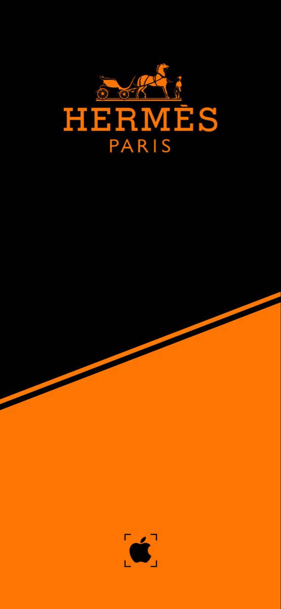 Hermes 桌布 壁紙 — 大膽的黑色和橙色壁紙，頂部有 Hermès 標誌，底部有十字準線框住的 Apple 標誌。