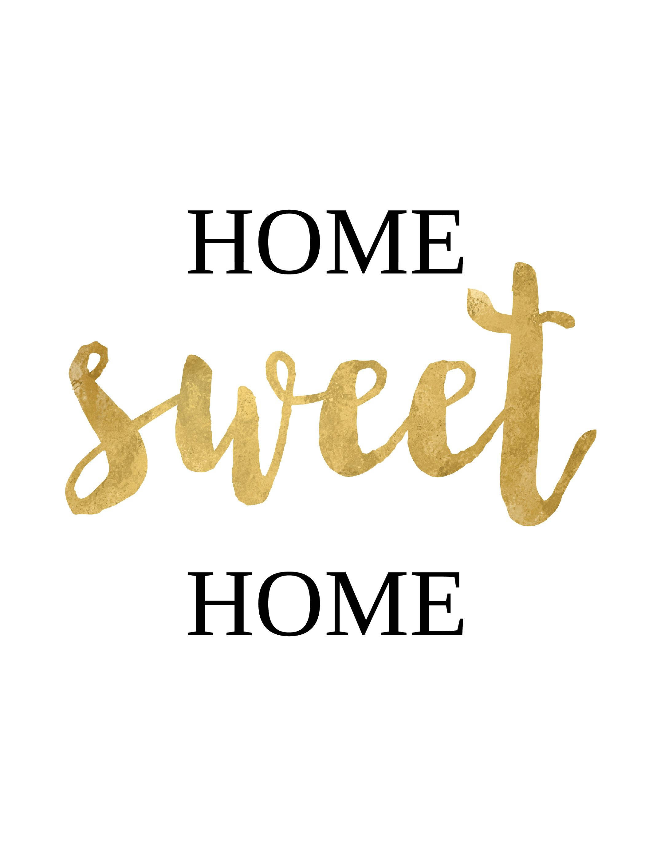 Home 桌布 壁紙 — 大膽的黑色和閃爍的金色文字在乾淨的白色背景上拼出 home sweet home。