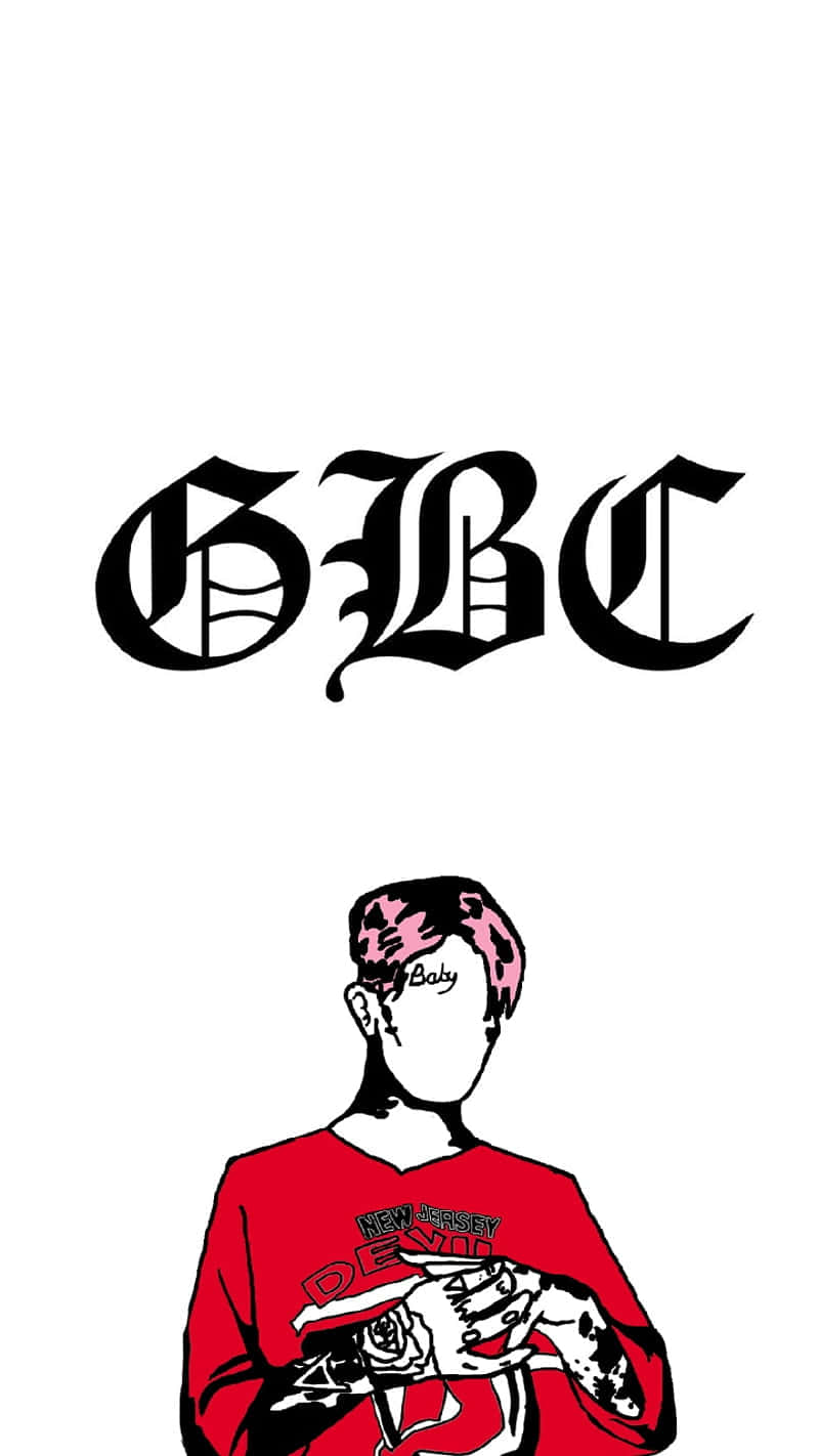 Lil Peep Logo 桌布 壁紙 — 大膽的黑色哥德式GBC字母，位於穿著紅色襯衫、粉紅色頭髮和紋身的風格化人物上方。