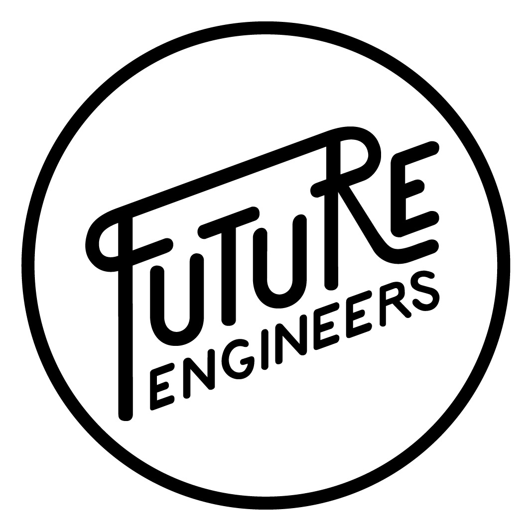 Future 桌布 壁紙 — 大膽的黑色圓形標誌，帶有風格化文字「FUTURE ENGINEERS」，背景為純白色。