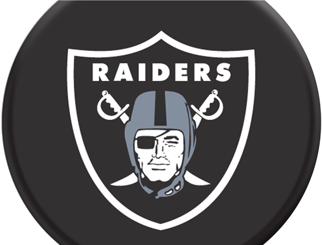 突襲者 桌布 壁紙 — 大膽的黑色圓形背景上展示了標誌性的 Raiders 標誌，其中包含戴頭盔的戰士和交叉的劍。