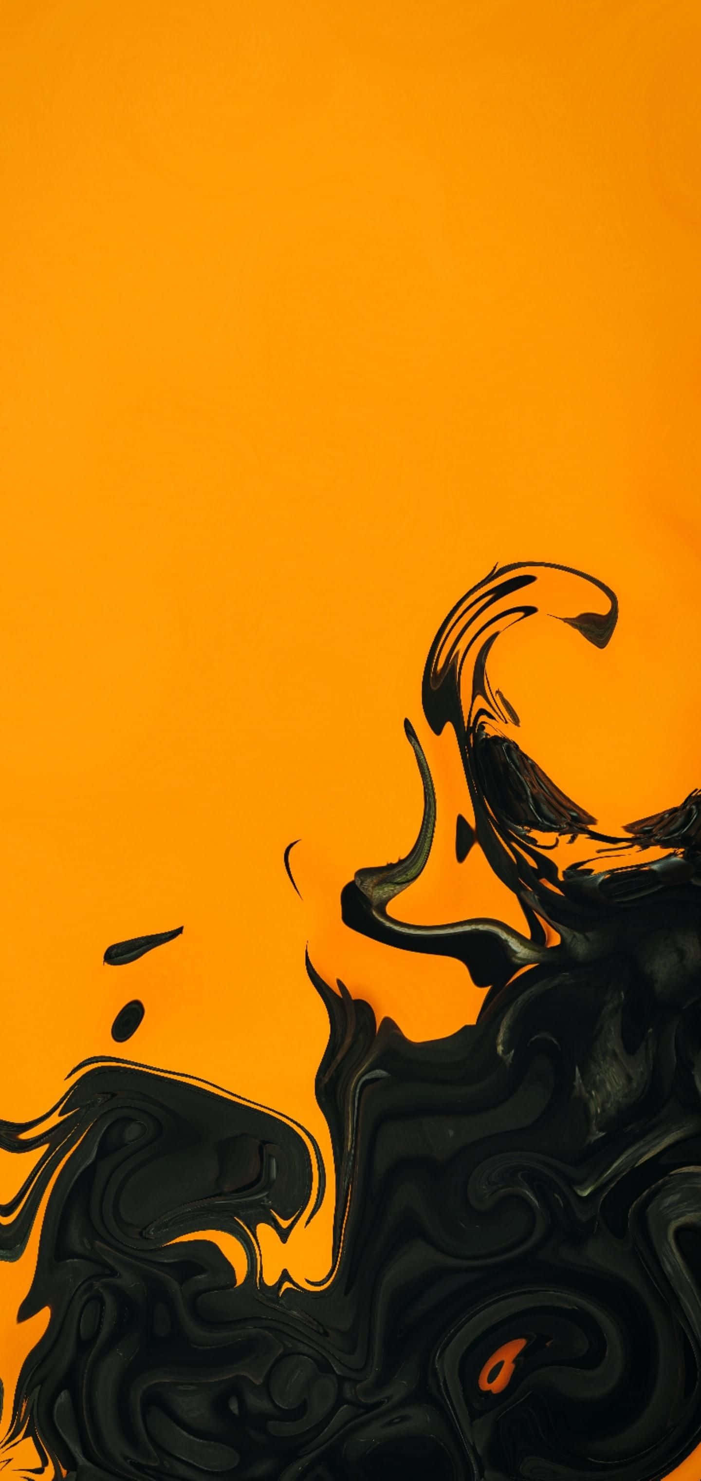 Black And Orange 桌布 壁紙 — 大膽的黑色墨水漩渦在充滿活力的橙色背景上形成強烈對比，構成動態抽象畫面。