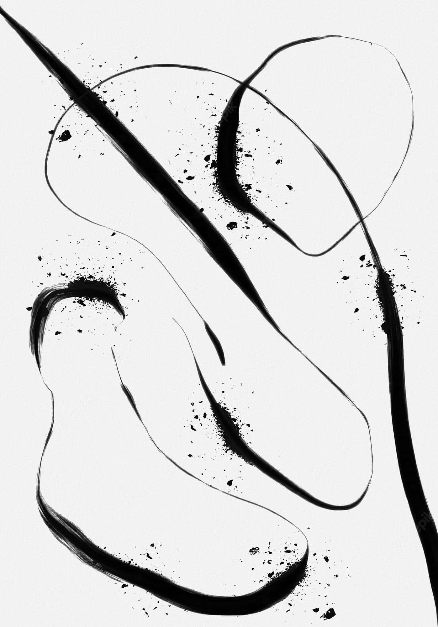 Aesthetic Black And White 桌布 壁紙 — 大膽的黑色墨水筆觸和飛濺在純白背景上形成動態抽象形狀。