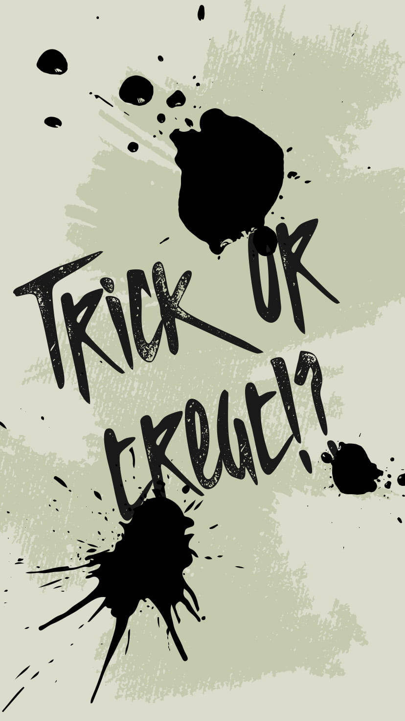 Trick Or Treat 桌布 壁紙 — 大膽的黑色墨水飛濺和塗鴉風格文字在紋理淺綠色背景上宣告「Trick or Treat!」。