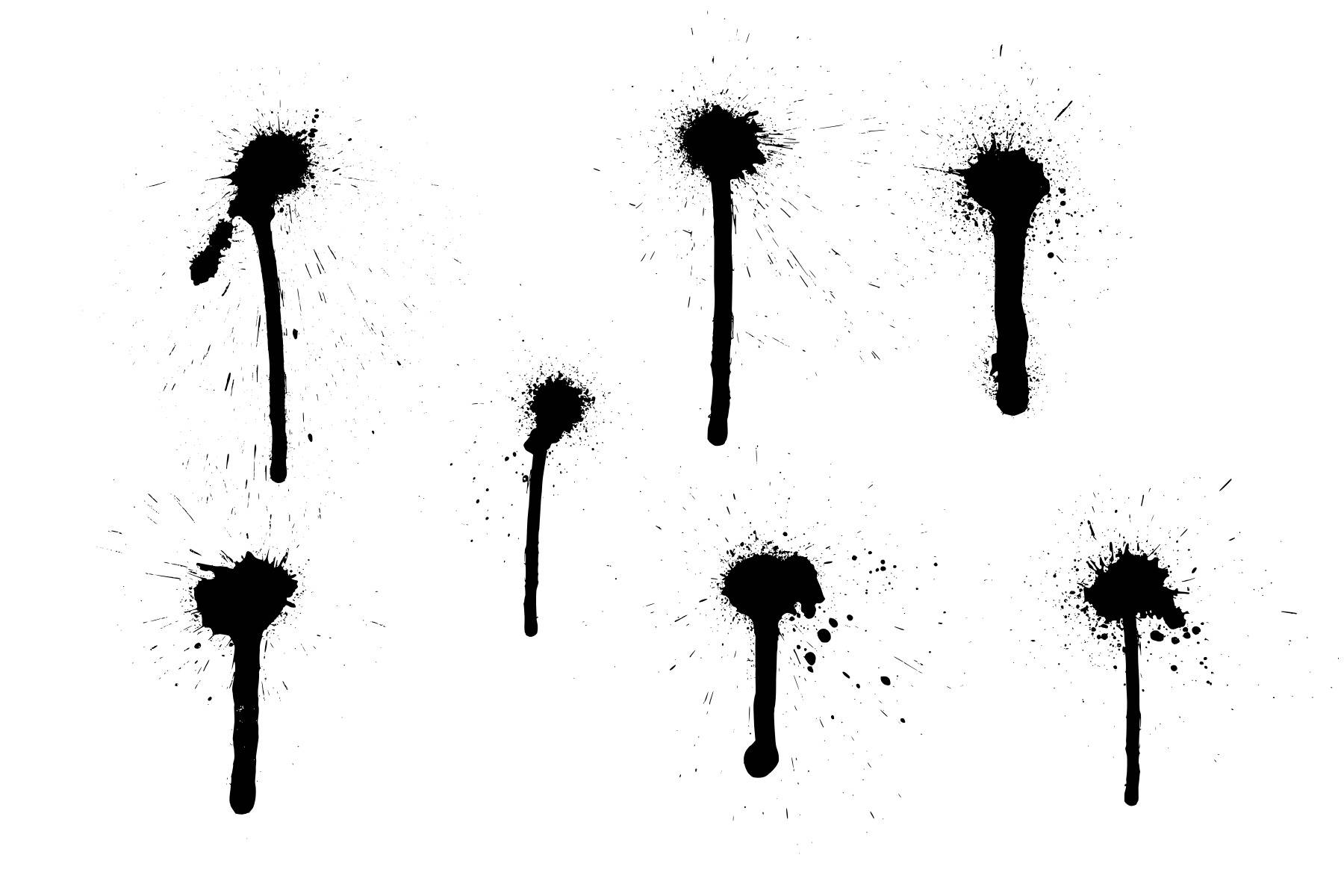 Black Drippy 桌布 壁紙 — 大膽的黑色墨水飛濺和滴落，在純白背景上動態地輻射開來。