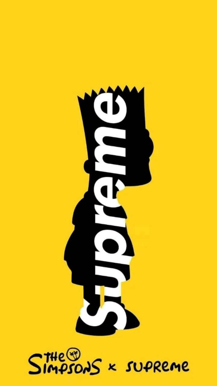 Simpsons Aesthetic 桌布 壁紙 — 大膽的黑色巴特·辛普森剪影，'Supreme' 文字垂直貫穿他的身體，背景為鮮黃色。