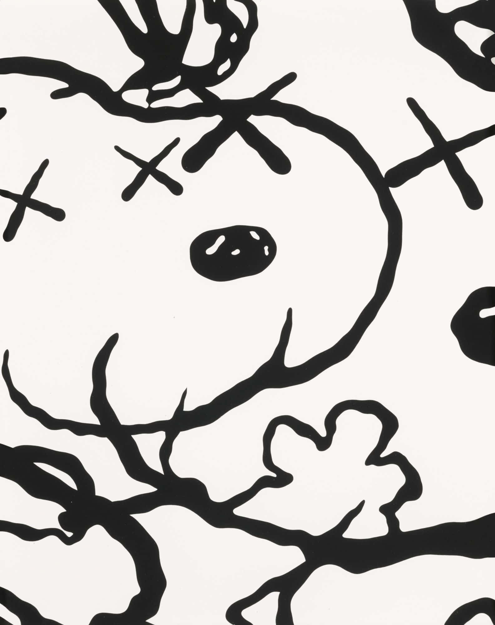 Kaws Snoopy 桌布 壁紙 — 大膽的黑色抽象線條和形狀在純白背景上旋轉，形成動感十足、富有表現力的圖案。