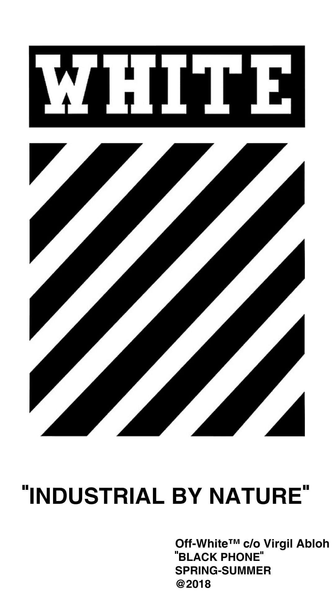 Off White 桌布 壁紙 — 大膽的黑色斜紋與白色背景形成強烈對比，下方有 'WHITE' 文字和 'INDUSTRIAL BY NATURE' 標語。