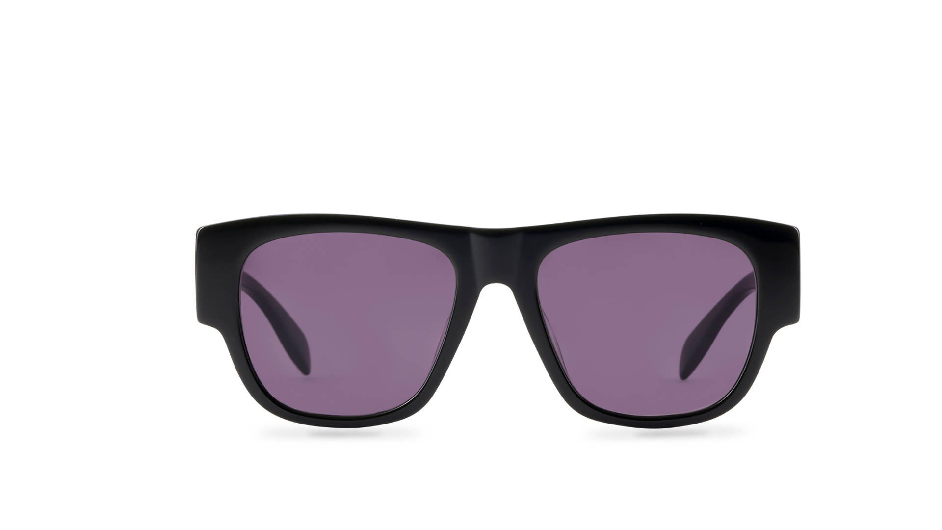 Sunglasses 桌布 壁紙 — 大膽的黑色框太陽眼鏡，紫色鏡片，置於純白背景中央。