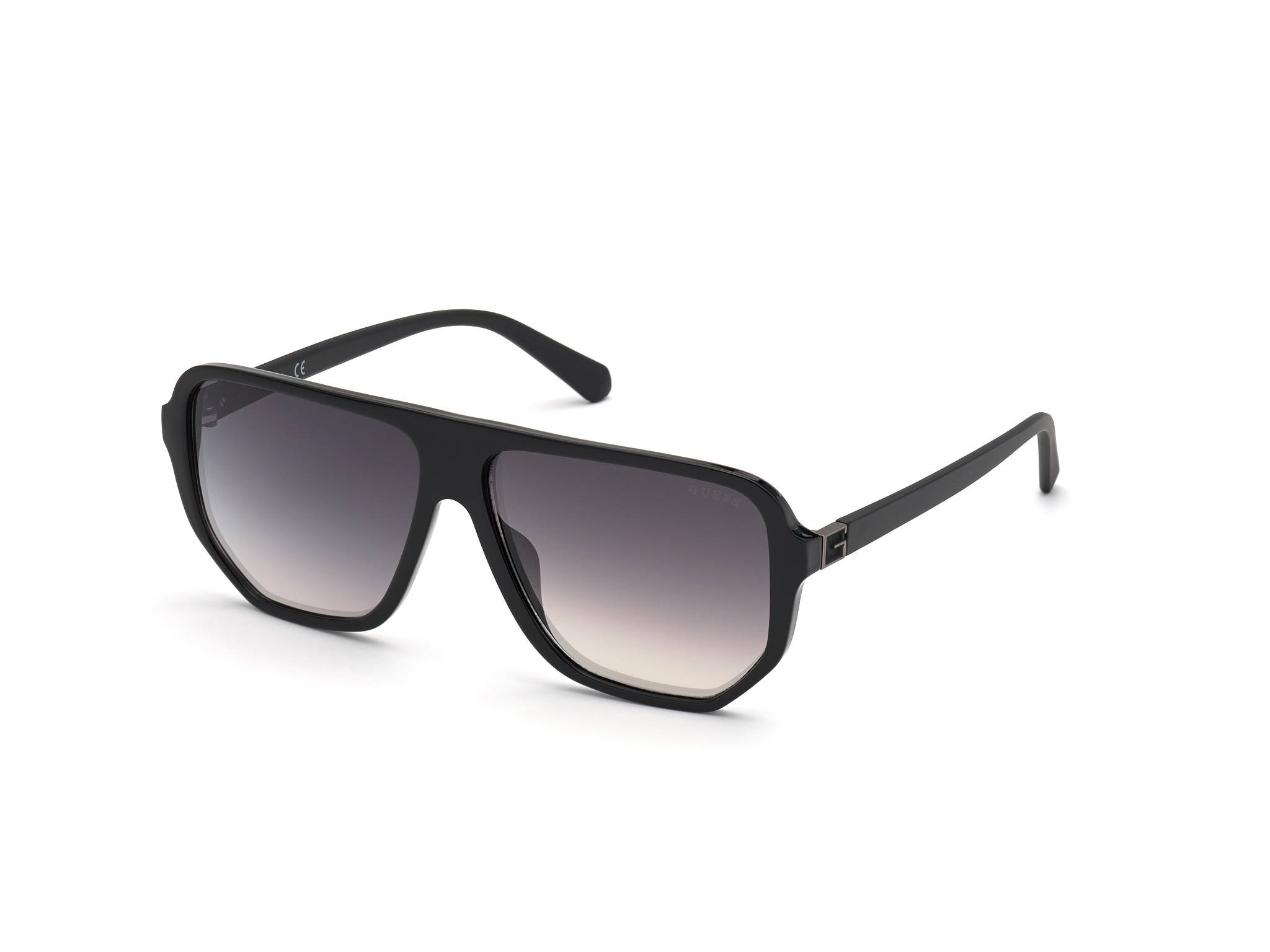 Sunglasses 桌布 壁紙 — 大膽的黑色框太陽眼鏡配漸變鏡片，孤立在純白背景上，展現時尚現代設計。