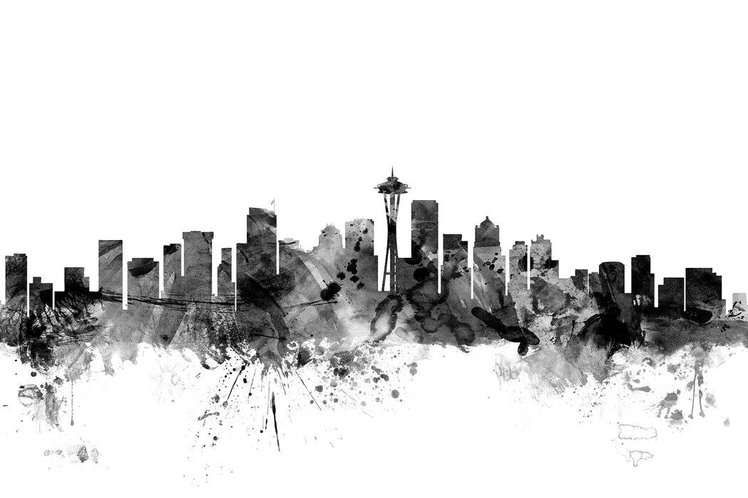 Seattle Skyline 桌布 壁紙 — 大膽的黑色水彩潑濺藝術地勾勒出西雅圖天際線，包括標誌性的太空針塔，背景為純白色。