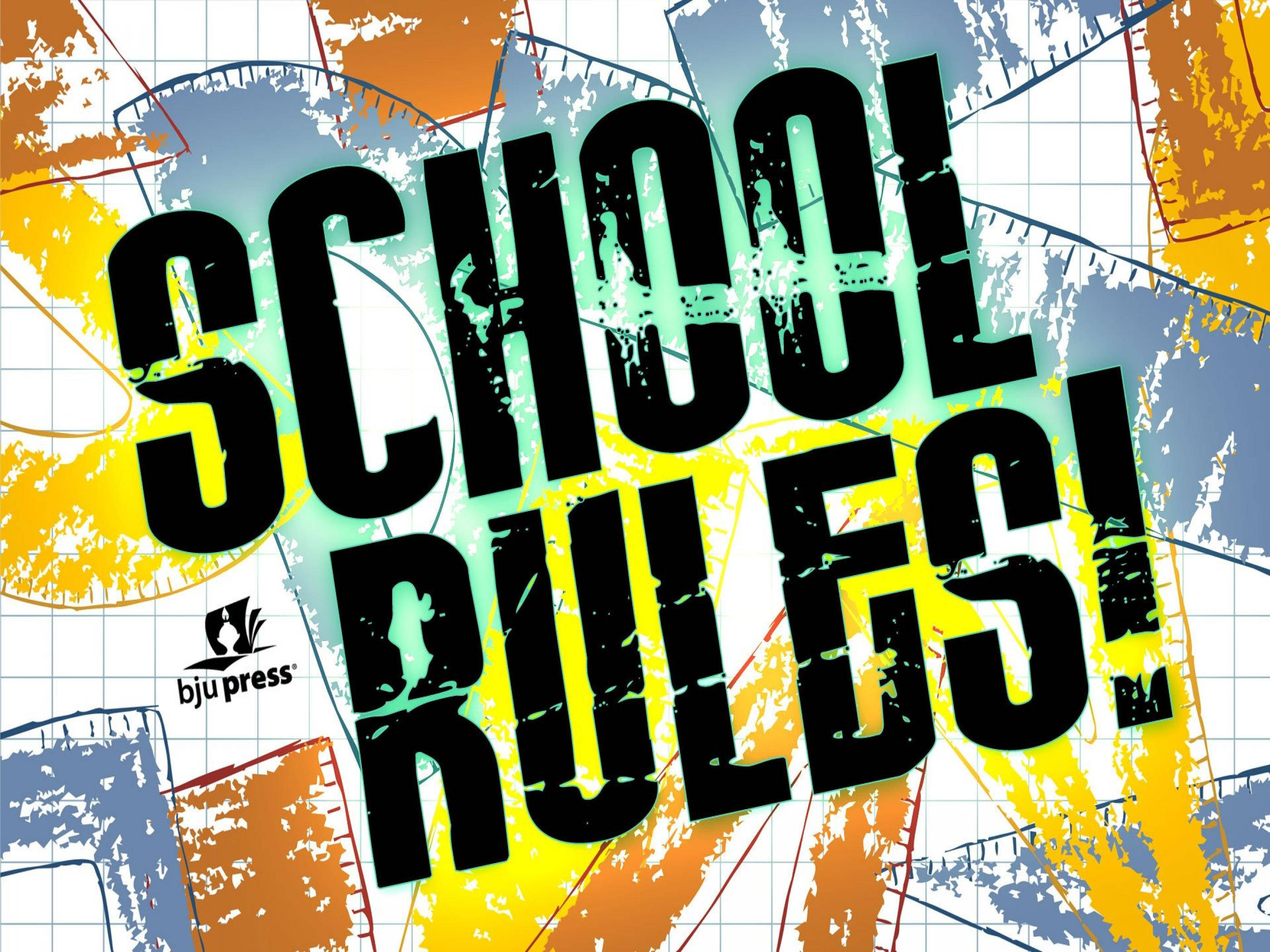 學校 桌布 壁紙 — 大膽的黑色磨損文字「SCHOOL RULES!」主導了充滿活力的抽象背景，包含黃色、橙色、藍色和白色的網格圖案。