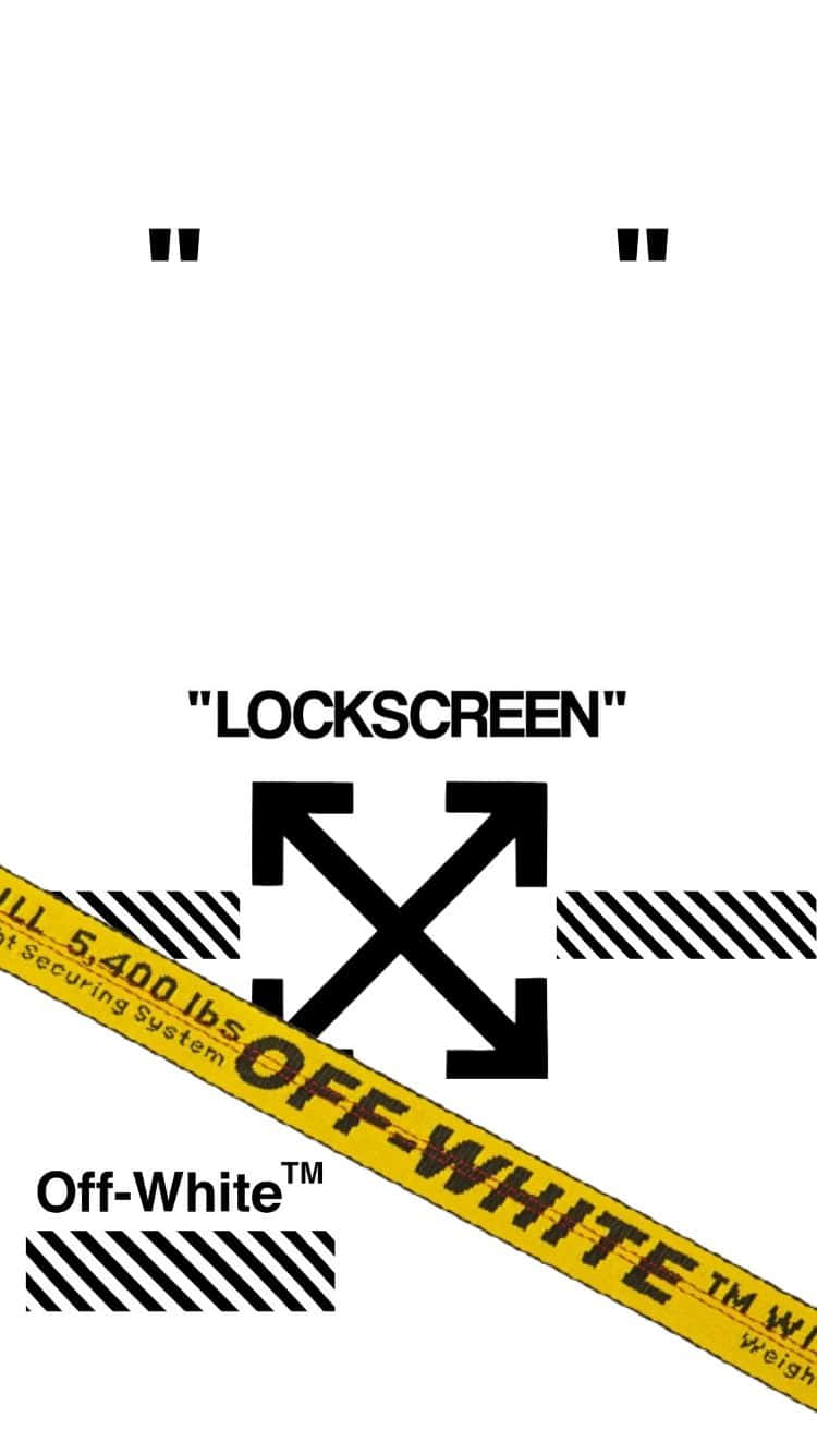 Off White iPhone 桌布 壁紙 — 大膽的黑色箭頭和黃色警告膠帶橫跨純白色背景，帶有「LOCKSCREEN」和「Off-White」品牌標誌。