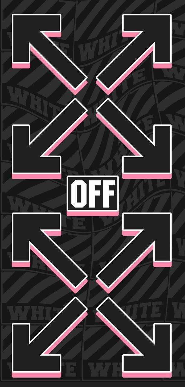 Off White Logo 桌布 壁紙 — 大膽的黑色箭頭帶有粉紅色邊緣，從中央的「OFF」標誌向重複的「WHITE」圖案背景輻射。