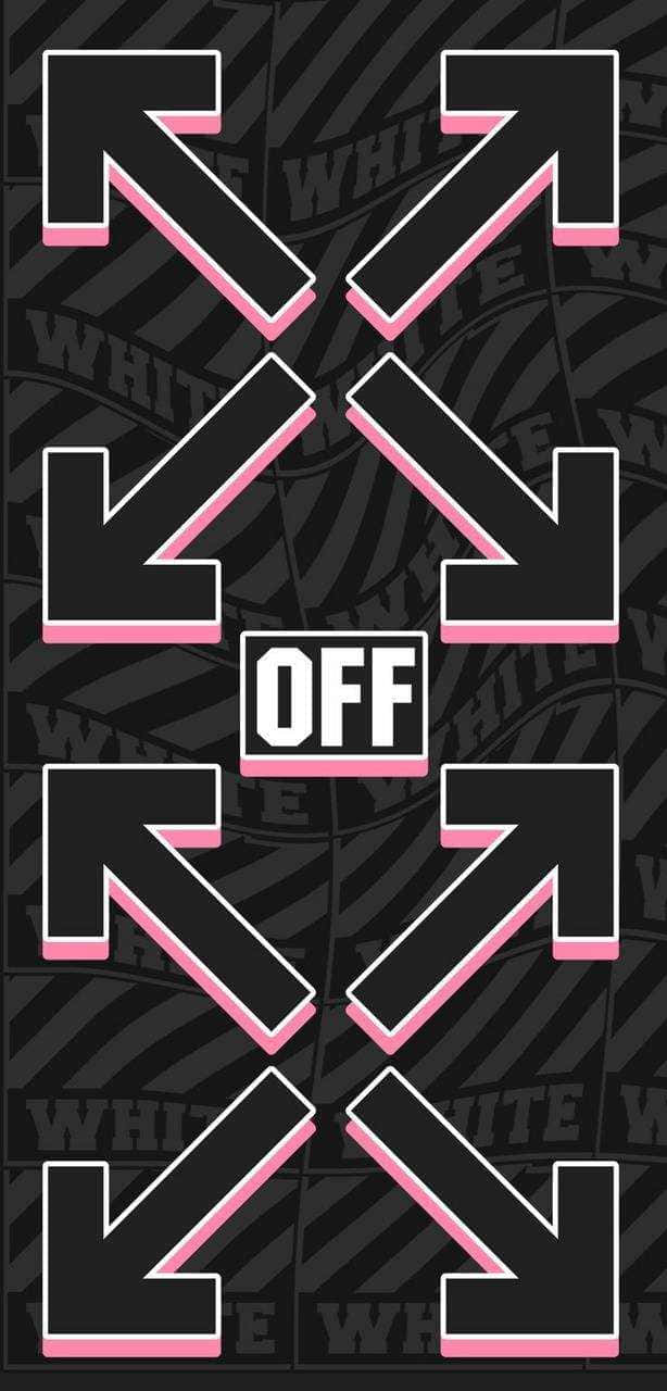 Off White iPhone 桌布 壁紙 — 大膽的黑色箭頭帶有粉紅色邊緣，從中央的 'OFF' 標誌向外輻射，背景是重複的 'WHITE' 圖案。